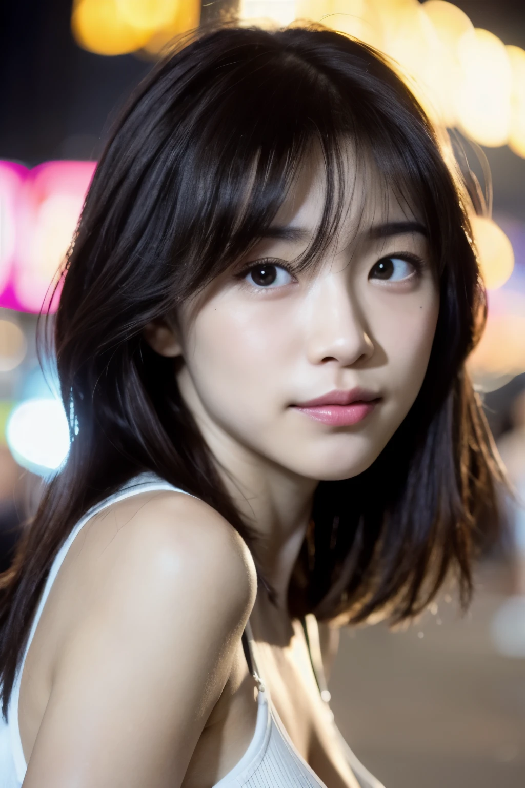 (Cinematic aesthetics:1.4) Bokeh city night photo of beautiful Korean fashion model、((highest quality, 8k, masterpiece:1.3)), concentrated:1.2, Beautiful woman with perfect figure:1.4, Stick your butt out:1.2, ((Cut your hair in layers:1.2)), (Medium sized breasts),Highly detailed face and skin texture, Detailed eyes, double eyelid,Whitening the skin,Long white hair,(Keep your mouth shut:1.3),smile、Japanese female college student