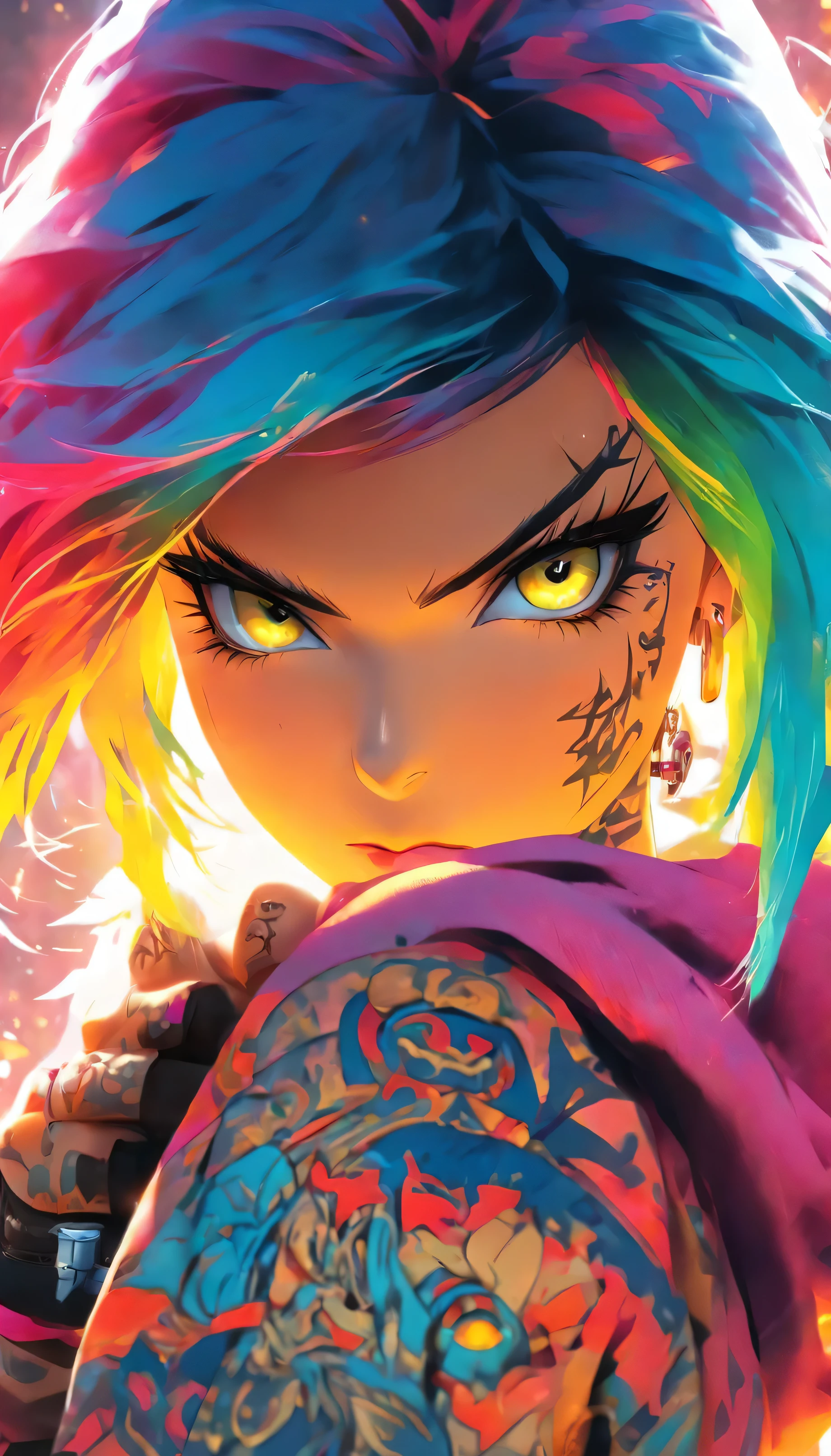 The most beautiful and attractive ninja girls, Rainbow Hair, Yellow Eyes, Wearing a hoodie, Graphic T-shirts, Ripped jeans and very elaborate ninja gear, Thousands of tattoos and piercings, Detailed Background, A wonderful masterpiece, high quality, Quality Top