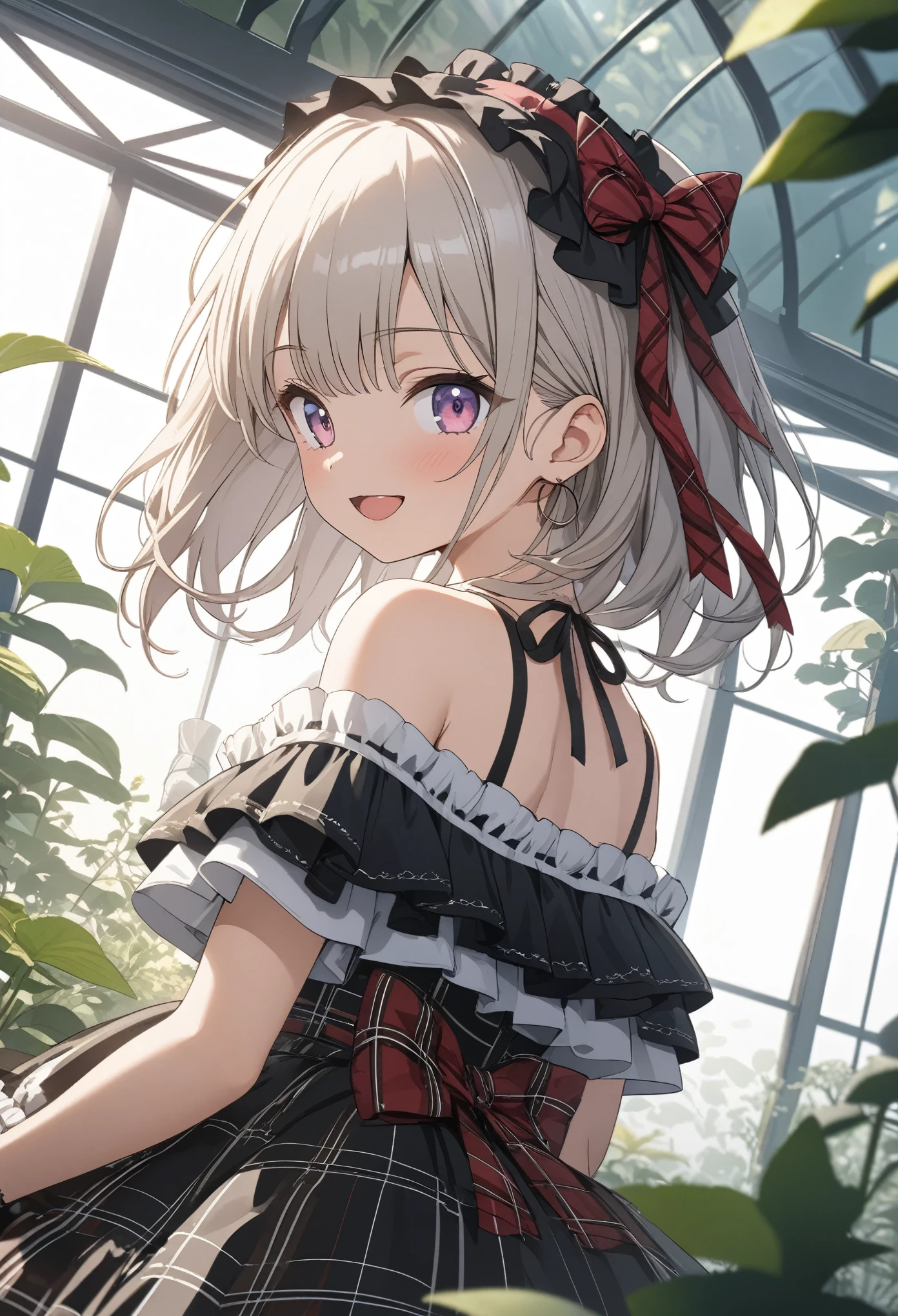 ((Masterpiece)), (Anime:1.5), ((best quality)), (super detail:1.2), (High Definition:1.3), (High Definition:1.3), (Professional Photography:1.2), (()), cinematic lighting, cute teenage girl, Plaid dress, (Off-Shoulder dress), hoop dress, bow, (lolita fashion), (Vibrant Pose), exposed bare shoulder and arms, lolita style, ((looking back)), cute smile, open mouth, pretty, portrait of lolita girl, emo style, red checker, (against the giant greenhouse), ribbon belt, (sharp focus), (perfect light),
