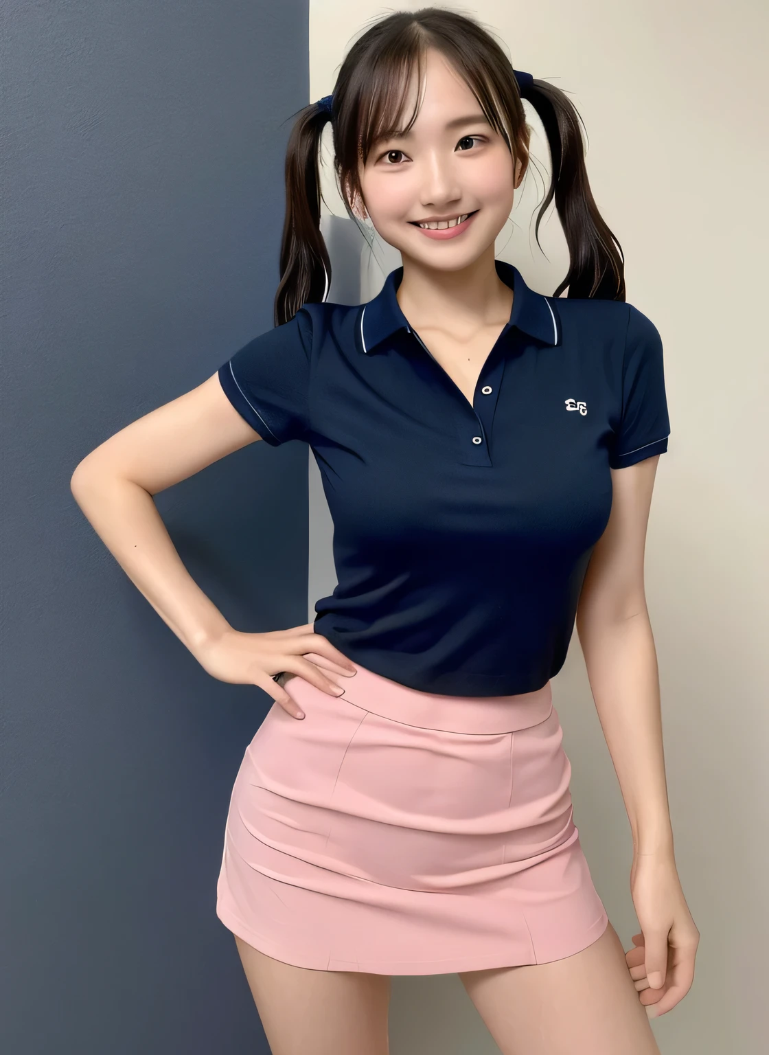 ((Ultra-high resolution)),8K,、Small breasts, , Twin tails, Black mini skirt, Navy blue polo shirt、Small cleavage 2:1,Idol Sculpture, Wet, smile、Pink wall、sexy、slender、Shapely small breasts、I can see your thighs、