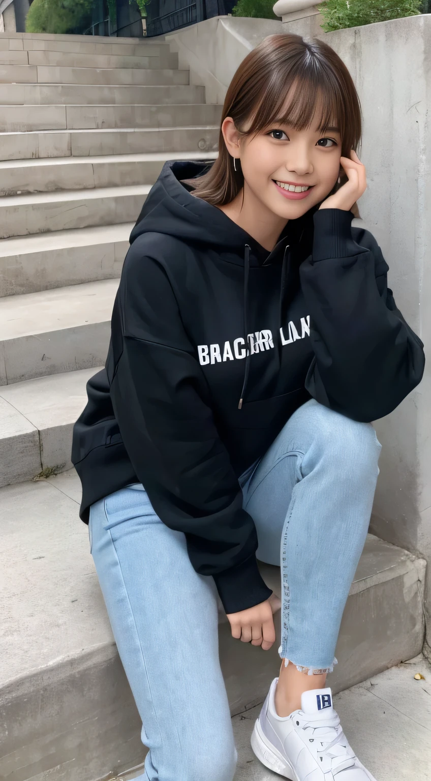 highest quality, Realistic, Very detailed, Finer details, High resolution, 8k wallpaper, One beautiful woman,Sit on the stairs、（Wear black socks）smile、（Beautiful teeth alignment、）（Gums are visible） Oversized hoodie, Skinny jeans,（ Black sneakers）、Black Hair、 Beautiful Bangs、ear piercing、Perfect dynamic composition, Beautiful and detailed, Full Body Shot, A big smile brown hair