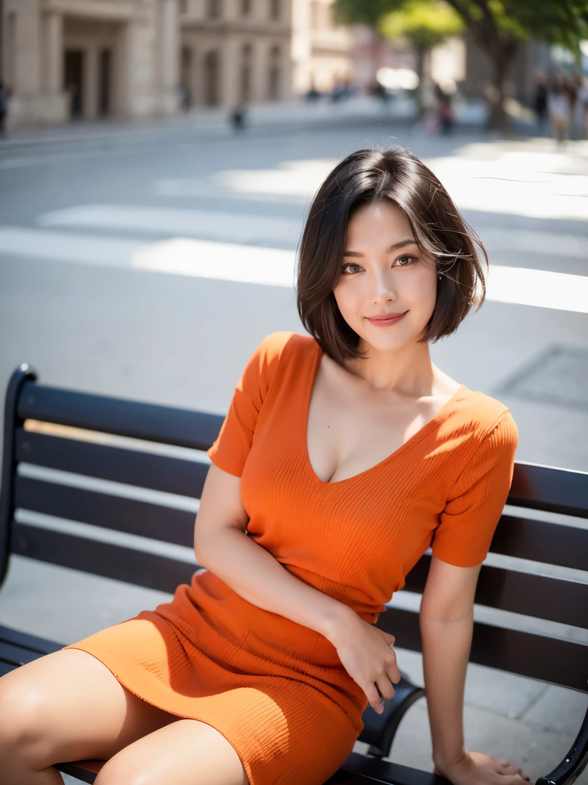 最high quality, In 8K, Masseter region, Vibrant, Sharp focus, high quality, High resolution, Detailed face, fine grain, Red lips, (Observe the audience), alone, Beautiful woman, 38 years old, (Very short black hair:1.3)、（Bob Hair）、（Standard body type）、（D cup breasts）、 Cleavage, , afternoon、（Italy、Milan、The square in front of the church:1.5）,(Sit on a bench:1.5)、（Bright orange short sleeve knit dress:1.6）、（White knee-length skirt:1.6）、（Black pumps:1.5）、（smile:1.3）、