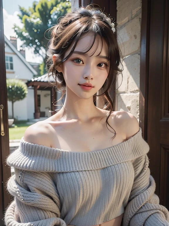 (Masterpiece: 1.3), (8k, Photorealistic, RAW Photo, Best Quality: 1.4), (1girl), Beautiful Face, (Realistic Face), (Black Hair, Short Hair: 1.3), Beautiful Hairstyle, Bangs, Smile, Smile, Realistic Eyes, Gloss, Highlights, Highlights in the pupils, Eyelashes, Beautiful Detail Eyes, (Realistic Skin), Beautiful Skin, Transparency, Off Shoulder, Red Knit, Blue knitwear, black shoulder straps, shoulder straps, thick choker, bust, smile, tooth, absurdity, attractive, ultra-high resolution, ultra-realistic, high definition, golden ratio, crystal clear eyes, wet, mole, gaze on camera, ears, sparkle, long neck, double eyelids, big eyes, cheeks, gentle personality, charming personality, gentle, touching, overwhelming charm, bright personality