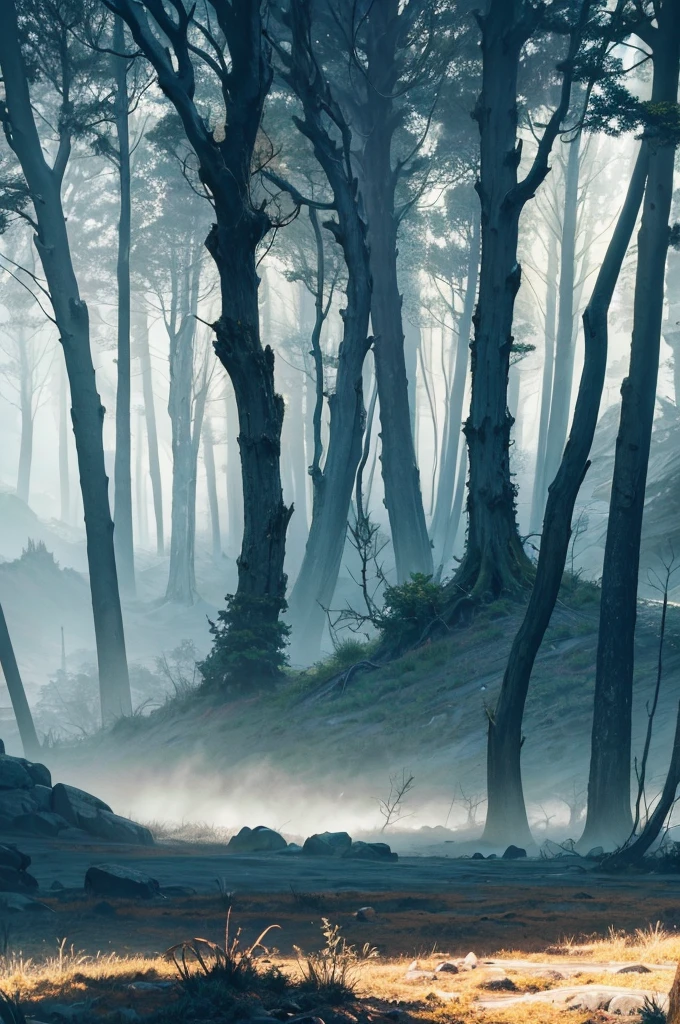 Creating desolate landscapes of valleys and mountains, Thick fog shrouded, Little sunlight, Trees with tangled roots,Thick trunk, and bushes reminiscent of grass and grass, In surreal landscapes, Dead color, 4k, movie lighting, Natural Lighting, Film Grain, movie lighting, High Detail, Photo realism, Photo realismistic, Volumetric lighting and shadows