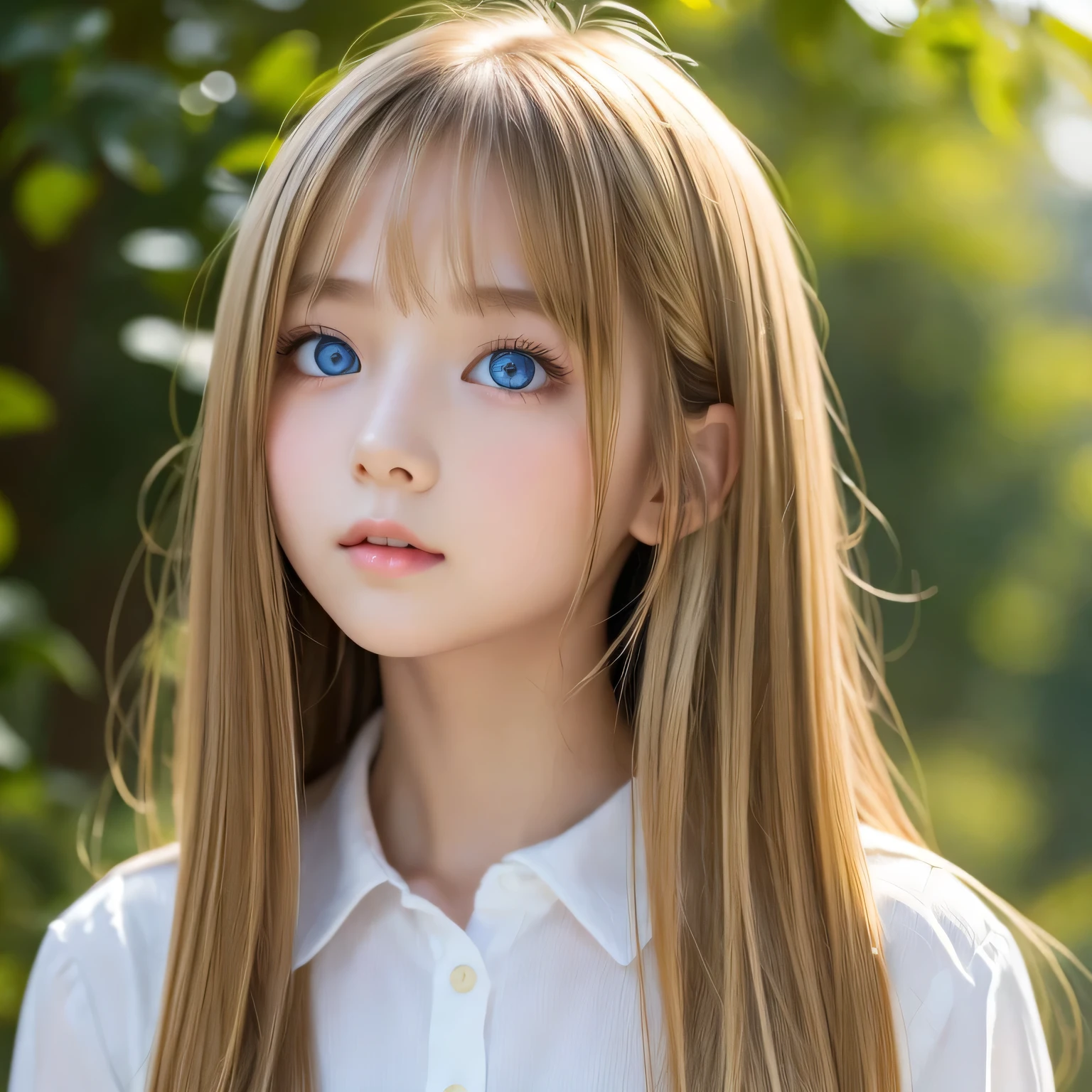 Transparent, radiant skin、18 years old cute sexy little beautiful face、Super long straight hair that shines in the light、Hair dancing in front of a cute beautiful face、Long, silky bangs that cover her cute eyes、Sexy face hiding blonde、Very long blonde hair、Sexy cute young woman、Super long natural young blonde with shiny highlights、Hair above the eyes、片Hair above the eyes、Hair between the eyes、Very beautiful, large light blue eyes、Very big eyes、Small Face Girl