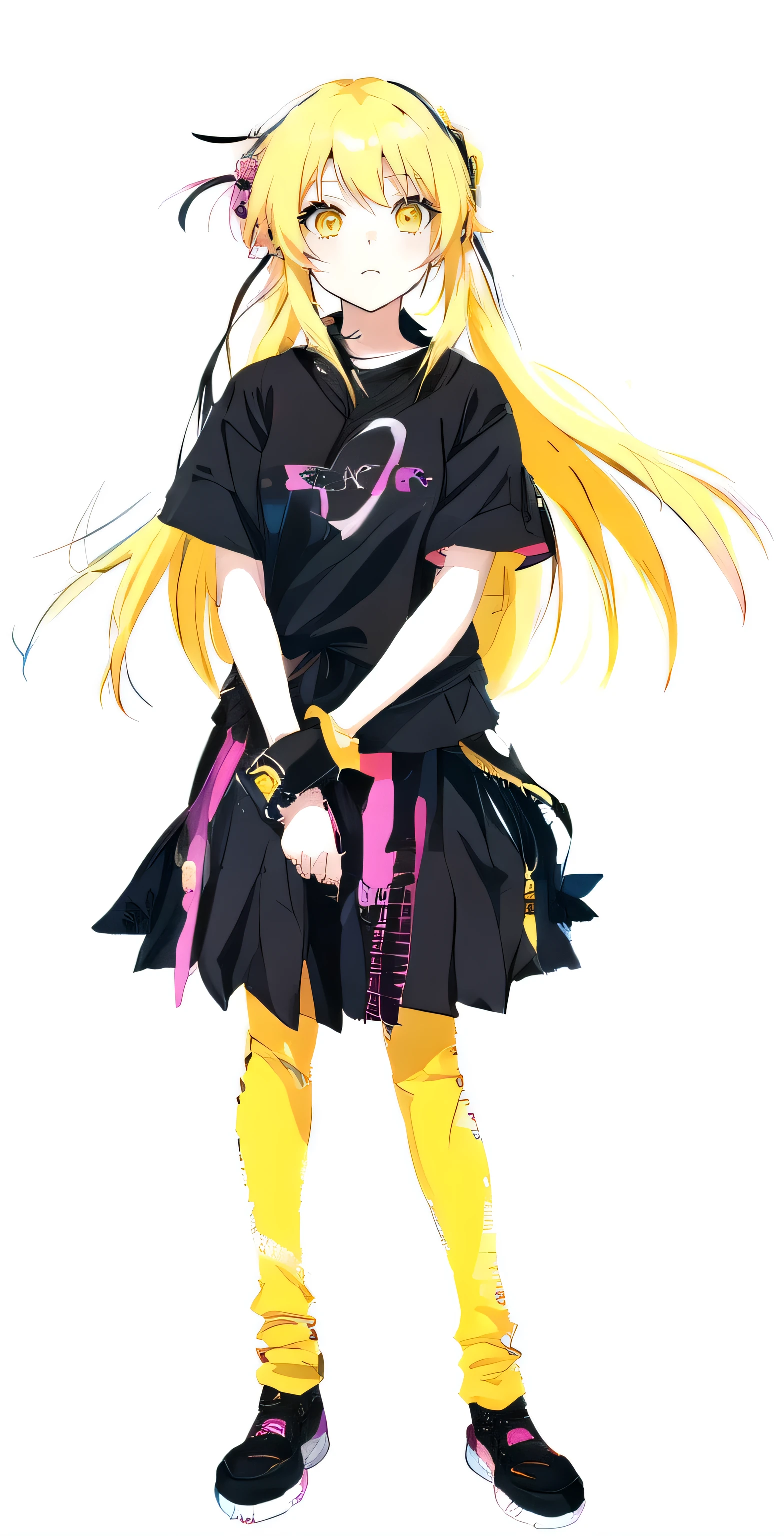 Anime girl with yellow hair, black shirt and black skirt, Humanoid pink female squid girl, inspired By Ren, mirai nikki, Junko Enoshima, Zero Two, Lucy anime girl, haruno sakura, emo anime girl, By Ren, Yellow pigtails and cyan eyes, 1 7 anime goth girl
