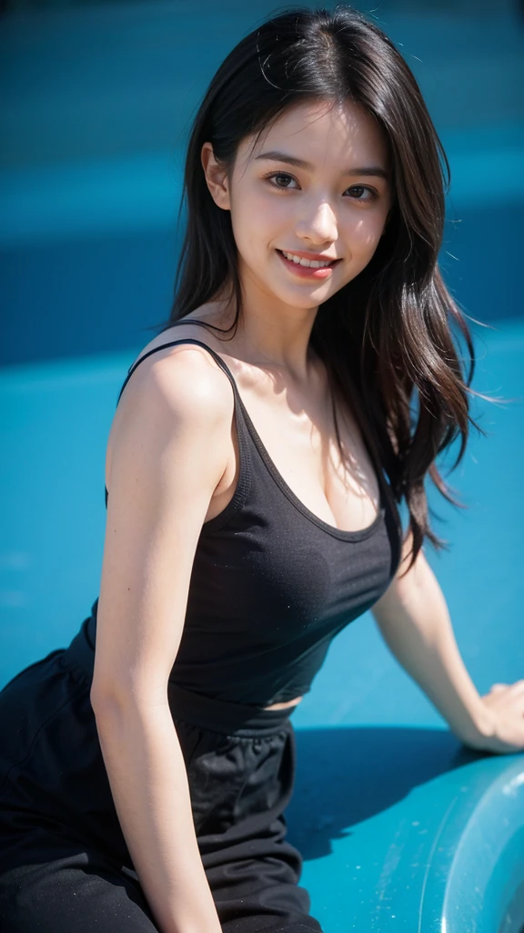 ((Real 8K、masterpiece、highest quality、Ultra-high resolution、Realistic skin texture))、Sexy Beautiful、A 25-year-old beautiful girl with a sexy and cute look, Beautiful, sexy face with large, well-balanced eyes、7-head beauty, 1 girl,Moyou,With bangs,Black long dress,Turquoise background,smile,Composition from above the knee、There is a natural color difference、smile、Teeth clean、Sexy thighs、Tank tops with slightly protruding nipples、A tight waist is sexy、There is a natural color difference、smile、Teeth clean、