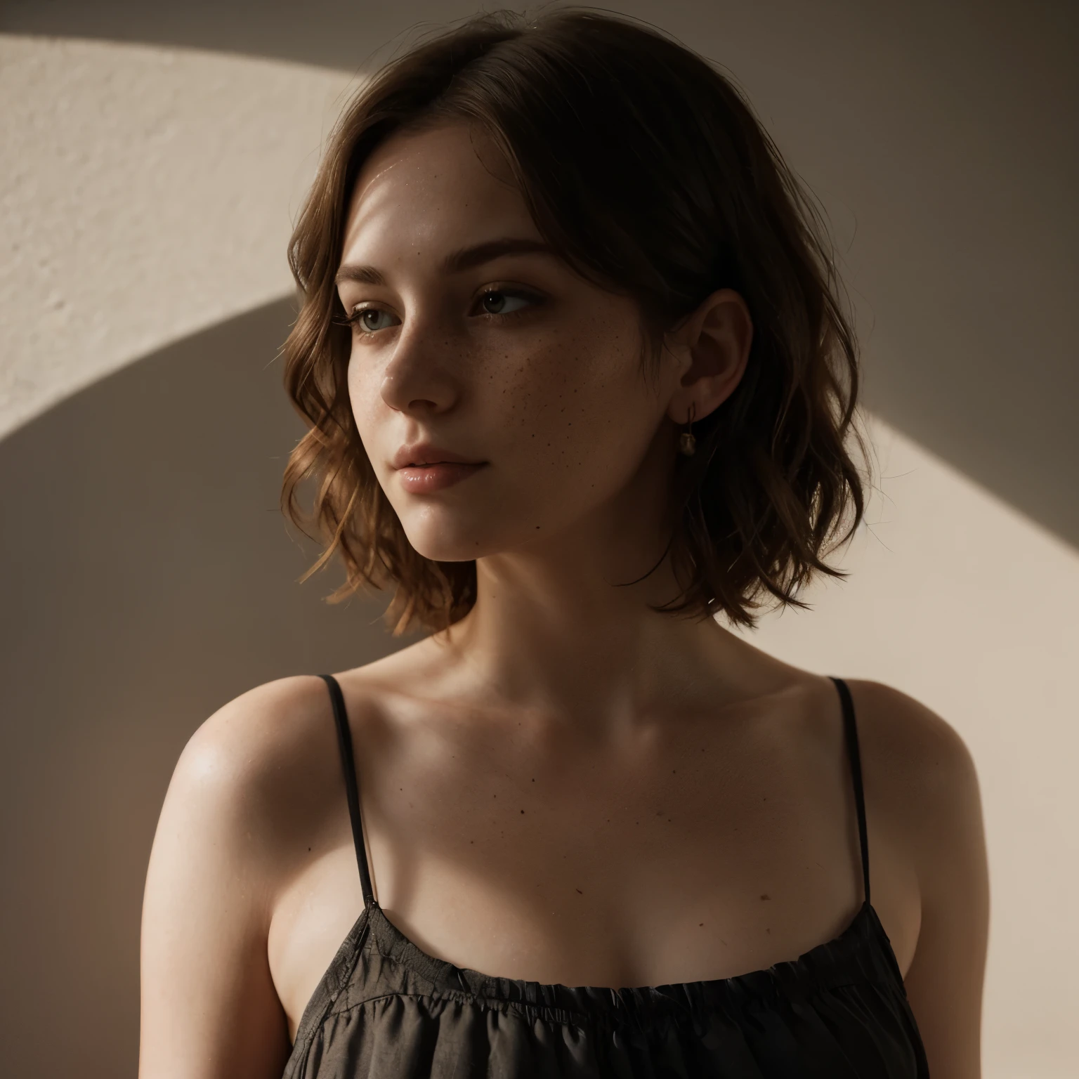 Thick brunette woman, short wavy hair, extra pale skin, freckles, dramatic lighting with shadows, sheer sundress