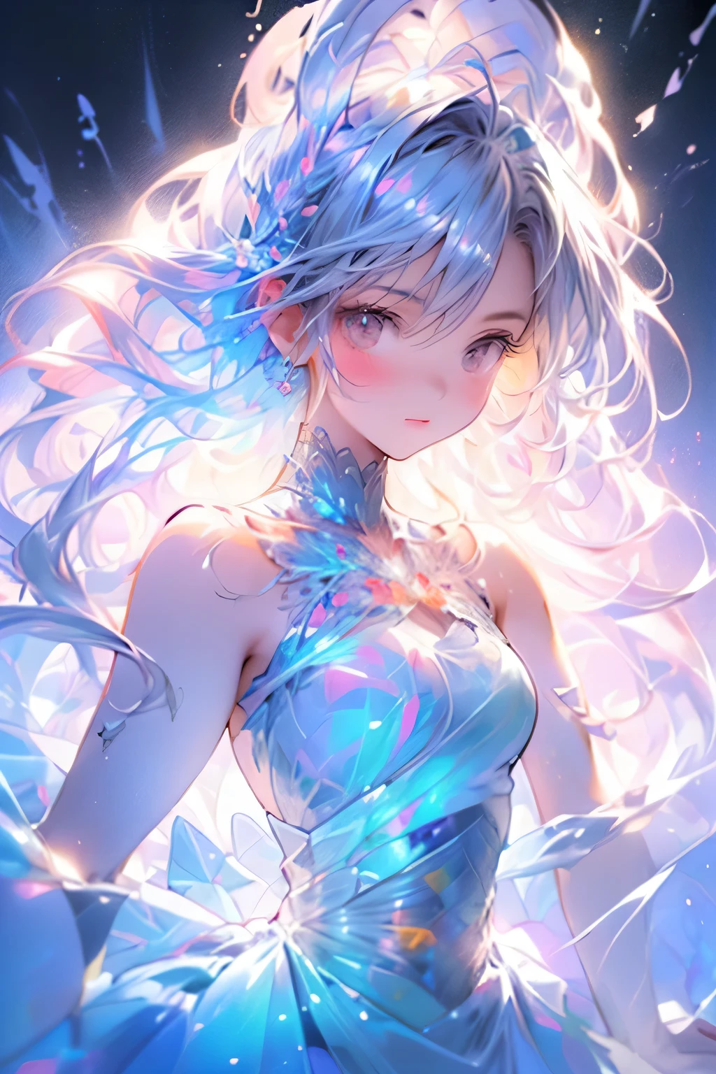 raw photo:1.2, masterpiece, highest quality, 16k, unbelievably absurd, very detailed, perfect beauty, (double exposure vibrant colors silhouette:1.3), (layered vibrant colors silhouette:1.2), (water world photo scenery), diamond dust, starry sky with aurora, flowing sheer dress, flowy long hair, (lake:1.2), (realistic photo scenery), (starlight), (ballerina girl dancing,romantic tutu), 
