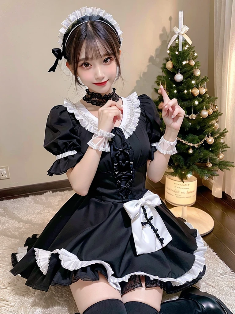 (8K, Photorealistic, Raw photo, of the highest quality: 1.3), (1girl in), Super beautiful, (Realistic face), (boyish, Silver Color Berry Shorthair), Beautiful , Glare that captivates the viewer, Beautiful expression, Beautiful breasts, (Realistic skin), Be...Super high quality, super high definition, super detailed, masterpiece, 20years old, female, cute, perfect face, beautiful, nice body, gothic lolita clothes, gothic lolita fashion, frilly skirt, headdress, necklace, bracelet, knee-high socks, boots, double eyelids, tear bags, Detailed down to the fingers, photo-like description, indoors, dim indoor lighting, black hair, short bob, standing, whole body, composition that shows the whole body, smiling