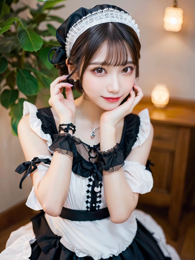 (8K, Photorealistic, Raw photo, of the highest quality: 1.3), (1girl in), Super beautiful, (Realistic face), (boyish, Silver Color Berry Shorthair), Beautiful , Glare that captivates the viewer, Beautiful expression, Beautiful breasts, (Realistic skin), Be...Super high quality, super high definition, super detailed, masterpiece, 20years old, female, cute, perfect face, beautiful, nice body, gothic lolita clothes, gothic lolita fashion, frilly skirt, headdress, necklace, bracelet, knee-high socks, boots, double eyelids, tear bags, Detailed down to the fingers, photo-like description, indoors, dim indoor lighting, black hair, short bob, standing, whole body, composition that shows the whole body, smiling