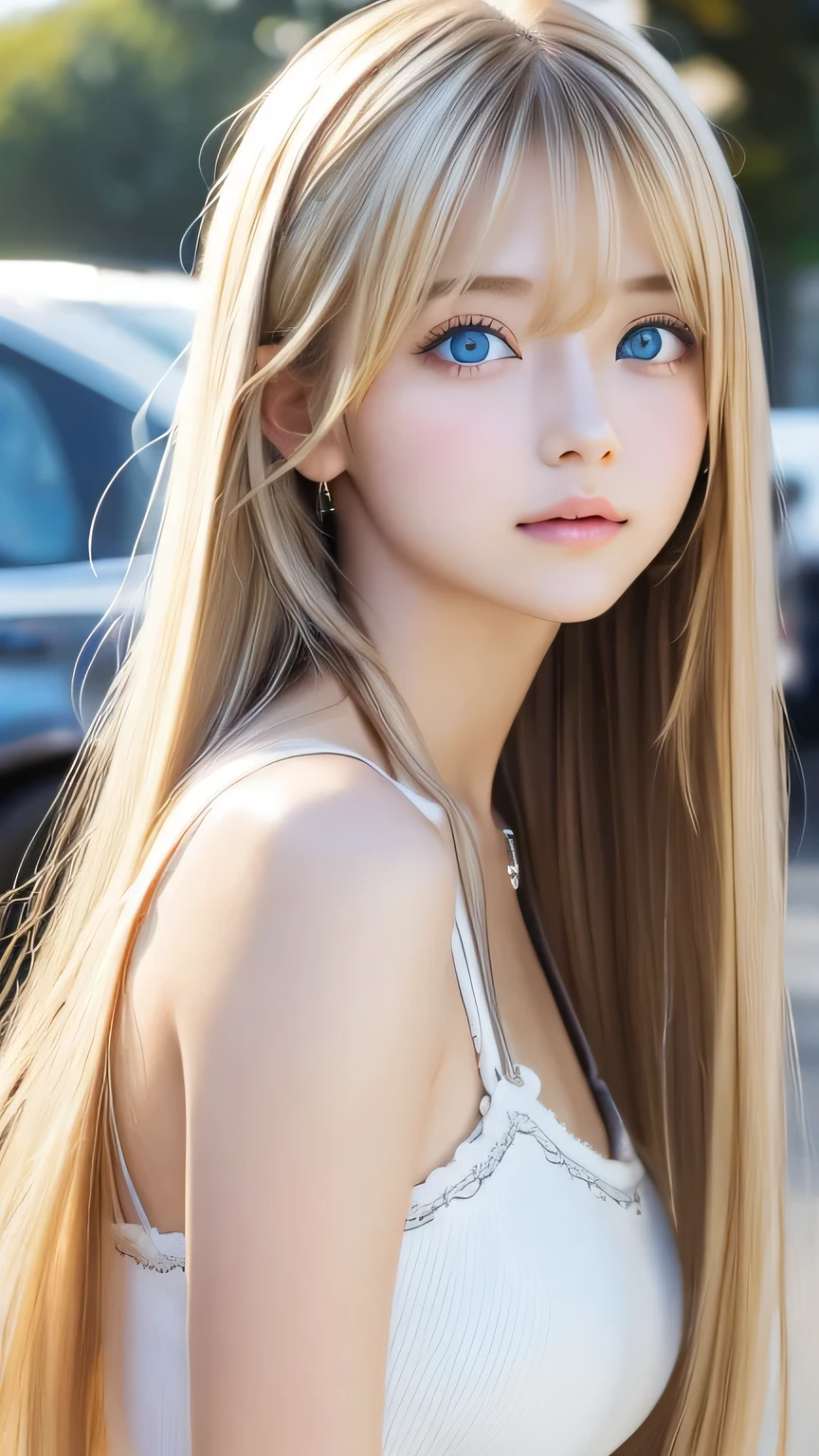 Transparent, radiant skin、18 years old cute sexy little beautiful face、Super long straight hair that shines in the light、Hair dancing in front of a cute beautiful face、Long, silky bangs that cover her cute eyes、Sexy face hiding blonde、Very long blonde hair、Sexy cute young woman、Super long natural young blonde with shiny highlights、Hair above the eyes、片Hair above the eyes、Hair between the eyes、Very beautiful, large light blue eyes、Very big eyes、Small Face Girl