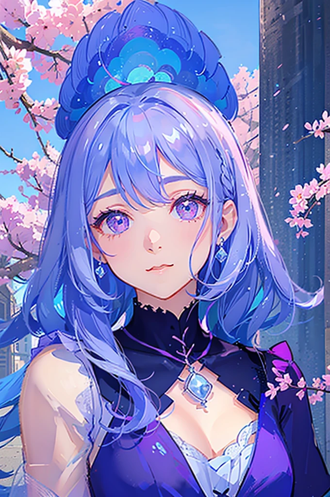Purple and light blue gradient hair、ice、cherry blossoms、gem woman