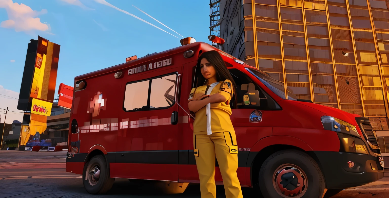 Uma garota morena, com cabelo amarrado, with arms crossed in front of an ambulance