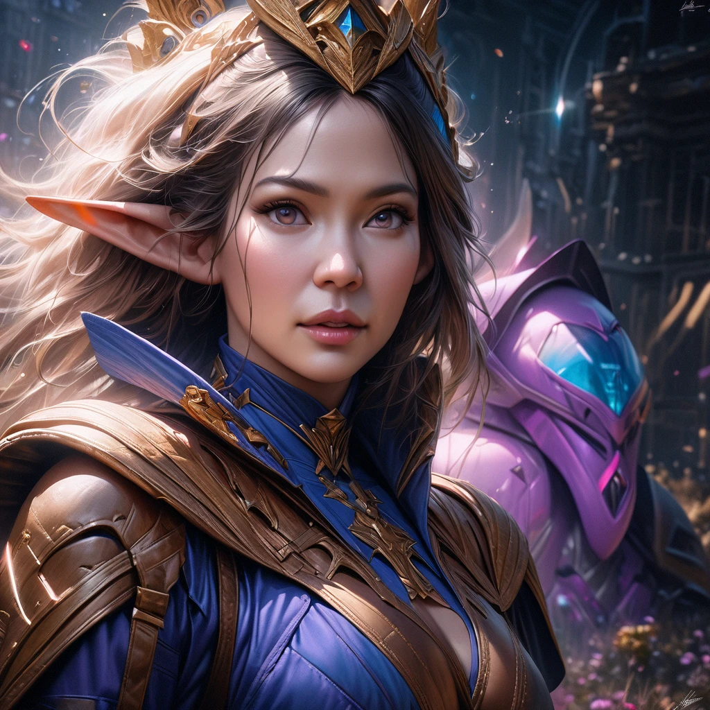 (subject 1: cryptic girl, blonde, high tech suit) (subject 2: elf companion, high fantasy regal outfit, very big eyes and ears) purple elephants, blue prairie, ethereal, fantasy, magical realism, highly detailed, 8k, cinematic lighting, vibrant colors, dramatic composition, intricate details, imaginative, cinematic perspective, surreal, dreamlike, whimsical, beautiful, magical, (best quality,4k,8k,highres,masterpiece:1.2),ultra-detailed,(realistic,photorealistic,photo-realistic:1.37)