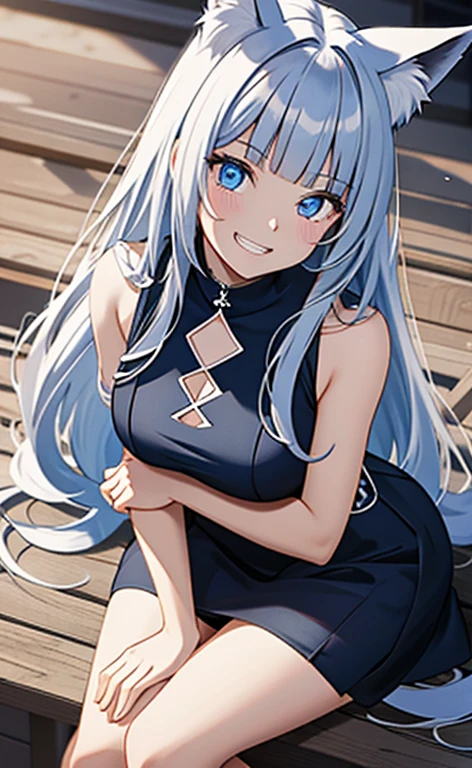 (masterpiece:1.4、top-quality、illustration)、(character focus、,cowboy shot:1.3)、(from below:1.4),(1girl),(forced smile:1.3),(Beautiful eyes:1.4),cute face,blue eyes、(tareme:1.3)、(cat ears,cat tails),
),(squatting:1.4),、(hand on own eyes:1.4)
(blue grey hair),(long hair:1.5)、
,(meadow:1.3),（sleeveless turtleneck dress:1.5),
(blunt bangs),(sidelocks:1.3), (small breasts)、
、slender、