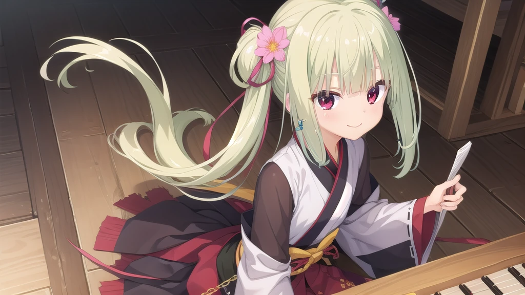 ((masterpiece)),(best quality),Official Art,Extremely detailed CG,Unity 8k Wallpaper,Super detailed,Beautiful and delicate eyes,Extremely detailed face,1 girl,solitary,,(whole body:1.5),(small:1.3),Smile,,Murasame,Very long hair,Green Hair,Face Up,Purple bow,hairpin,Side chains,Bangs,Red Eyes,Neck strap,Red belt,Elegant and beautiful,Flowing sleeves Hanfu,Returning to hometown with piano and books,Wildflowers are in full bloom、Spring with birds singing