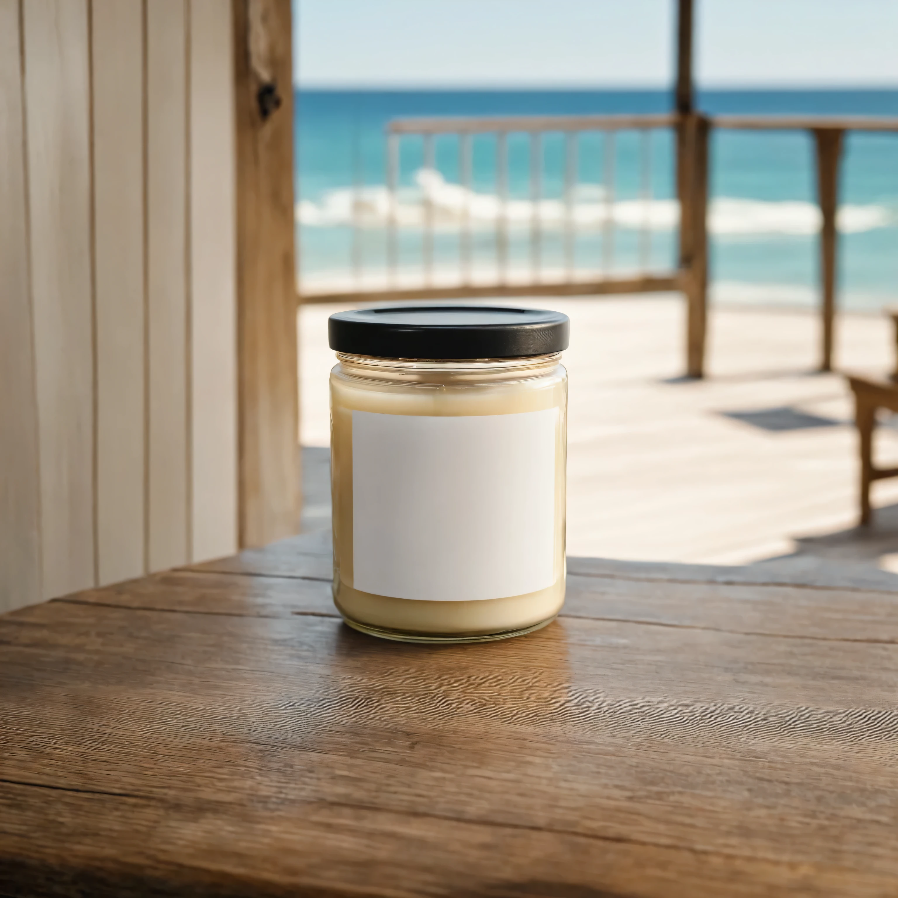 Mockup empty, a blank beige candle in a jar with white label and black lid standing on a wooden table in a sunny beachhouse, professional photo, shot on 50mm lens, sony a7 camera, daylight, shallow depth of field,