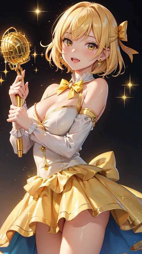masterpiece、Soft Focus , Bright gradient watercolor、Tabletop, High resolution, 8k, Anime Women, Delicate and detailed writing 、Detailed digital illustration、high resolution, high quality、Detailed Background、Close-up photo of short hair、Perm、Shiny Hair、Bright yellow hair、bangs、Very beautiful woman、Idol、Double Eyes、Large Breasts、
(((Two arms、Four fingers, One thumb)))、Detailed female face、
(Holding a glittering golden microphone:1.5)、(Idol Costumeini skirt、Yellow ribbon、Yellow rose hair accessory、Yellow and white outfit、I can see her white panties