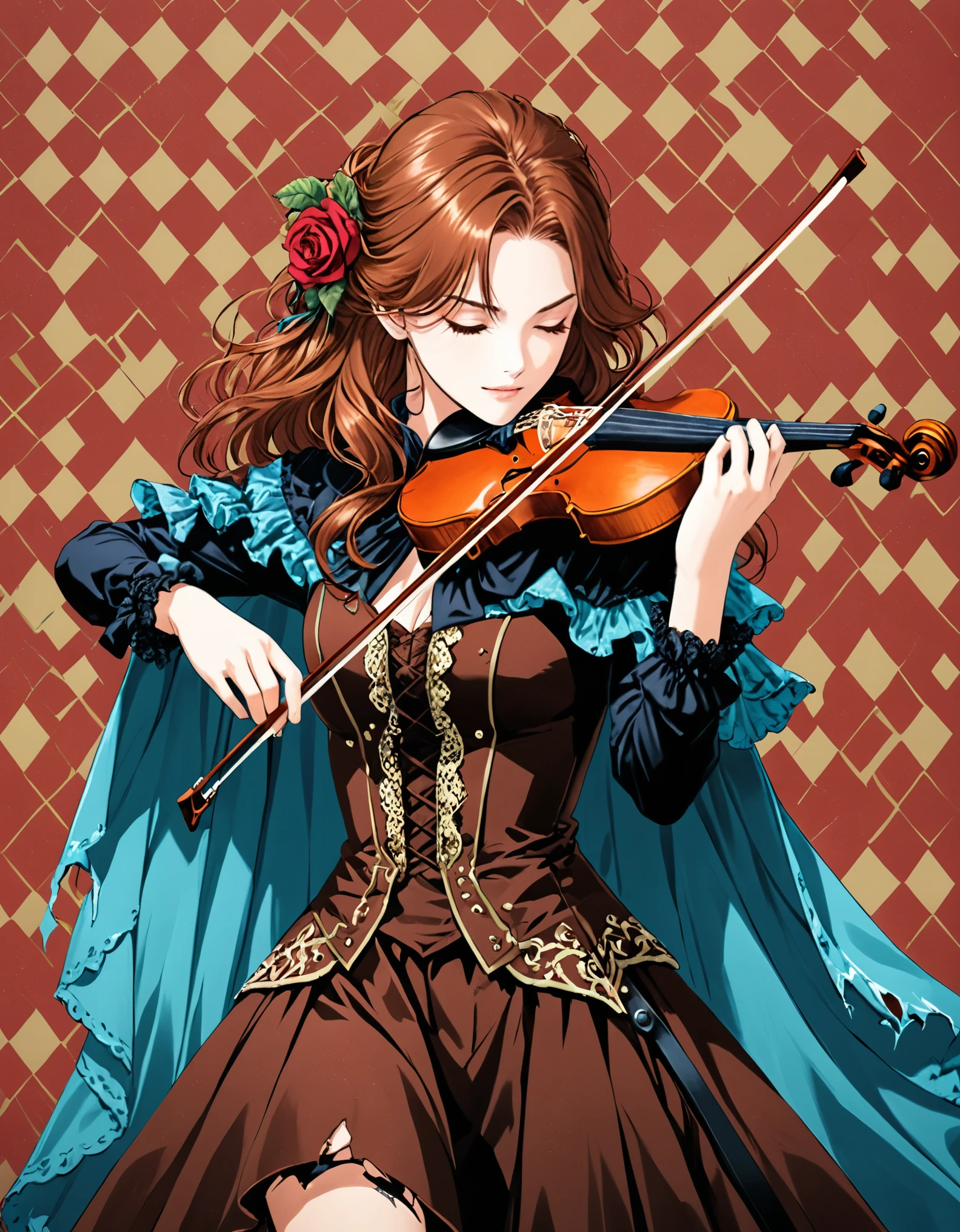((mediumaquamarine:0.8) and (rosybrown:1.3) argyle_background:1.6),
BREAK
(rococo:1.6),(Anime line drawing:1.5),1990s \(style\),retro,japanese manga,(dark red velvet and dodgerblue:1.2),Minimalism,(Line Art:1.6),sketch,by Hirohiko Araki,charcoal drawing,
BREAK
Black Reaper,playing the violin,(violin:1.3),(bows:1.3),(pulling:1.3),(broken torn cape:1.4),the lines of movement of the wind,