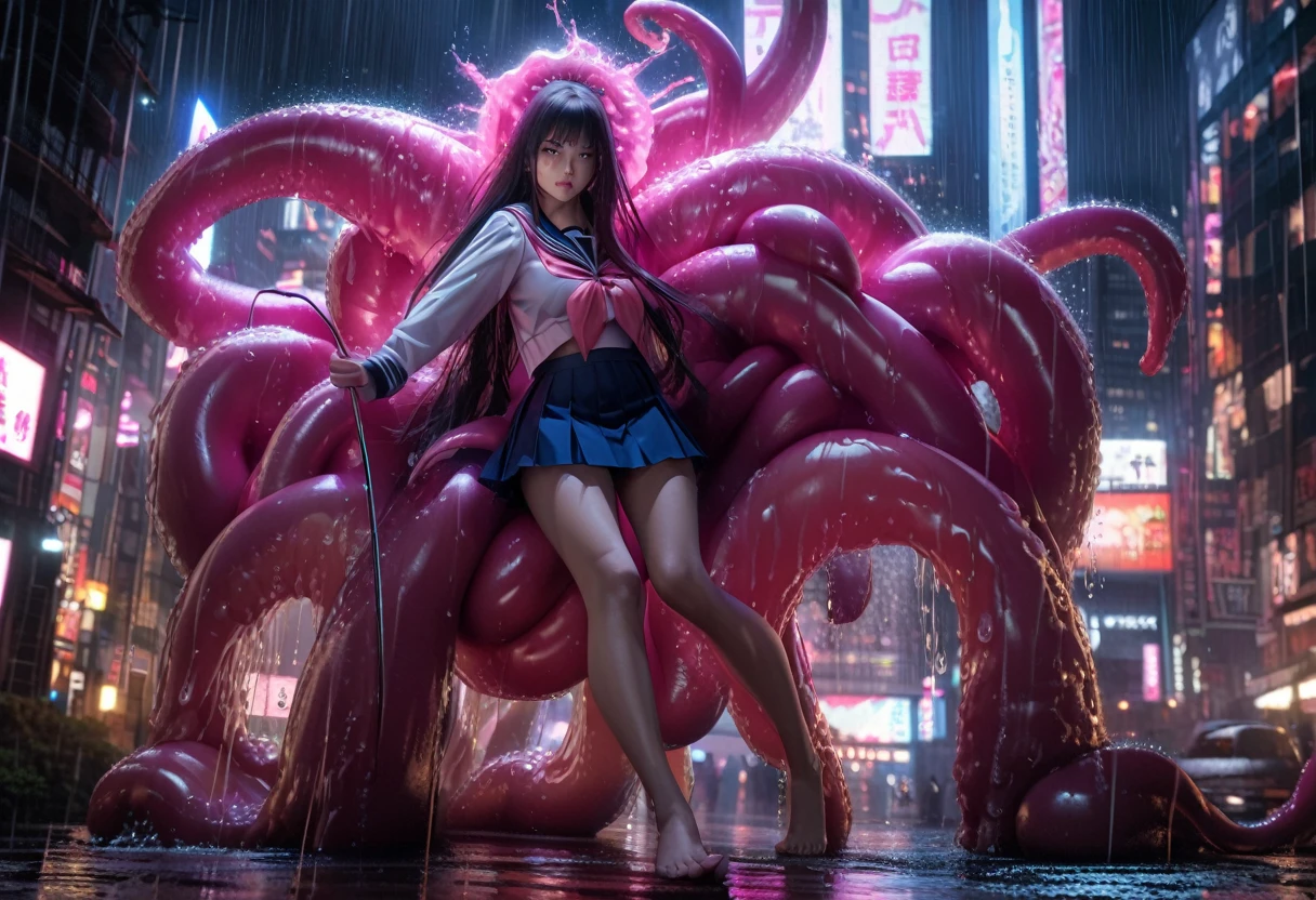 Extreme complexity, two subjects (full body shown, sci fi horror, show her from head to toe) (an exhausted and battered 50 ft woman,detailed desperate facial features,extremely detailed face,beautiful detailed eyes,beautiful detailed lips,longeyelashes,(shredded and torn remnants of a sexy sailor scout (miniskirt) uniform), super sentai gadgets), she is overpowered and restrained by, (a multitude of glowing eldritch giant slimy tentacle aliens that (grab her, tear her, cling to her, and probe her)), tokyo cityscape,night scene,neon lights,rain,dynamic action pose,intricate details,cinematic lighting,hyper realistic,8k, highly detailed, photorealistic (show her from head to toe, desperate battle, kaiju horror)(show her full body head to toe)