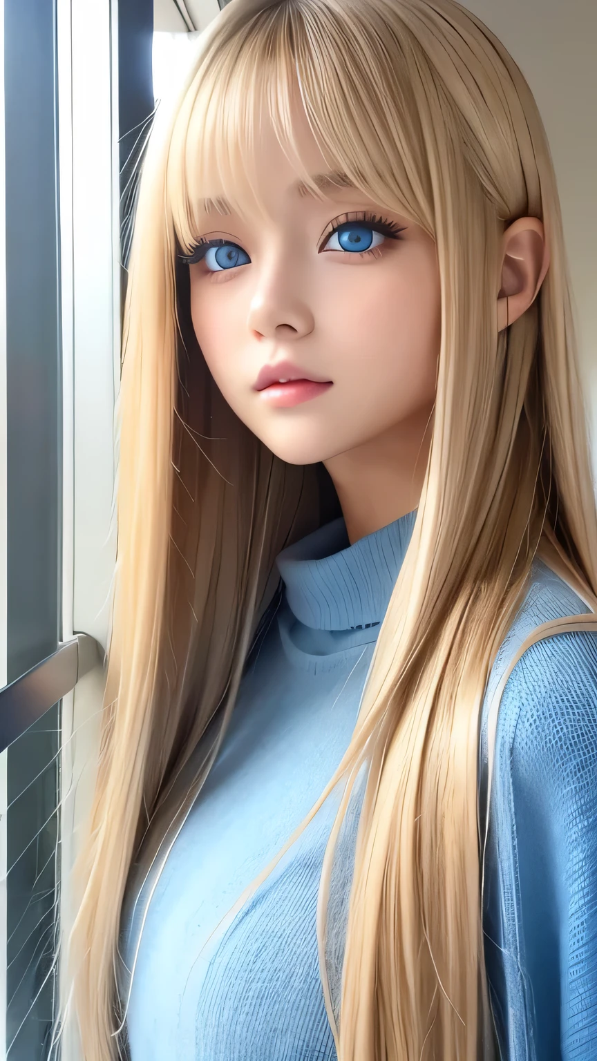 Transparent, radiant skin、18 years old cute  little beautiful face、Super long straight hair that shines in the light、Hair dancing in front of a cute beautiful face、Long, silky bangs that cover her cute eyes、Sexy face hiding blonde、Very long blonde hair、Sexy cute young woman、Super long natural young blonde with shiny highlights、Hair above the eyes、片Hair above the eyes、Hair between the eyes、Very beautiful, large light blue eyes、Very big eyes、Small Face Girl
