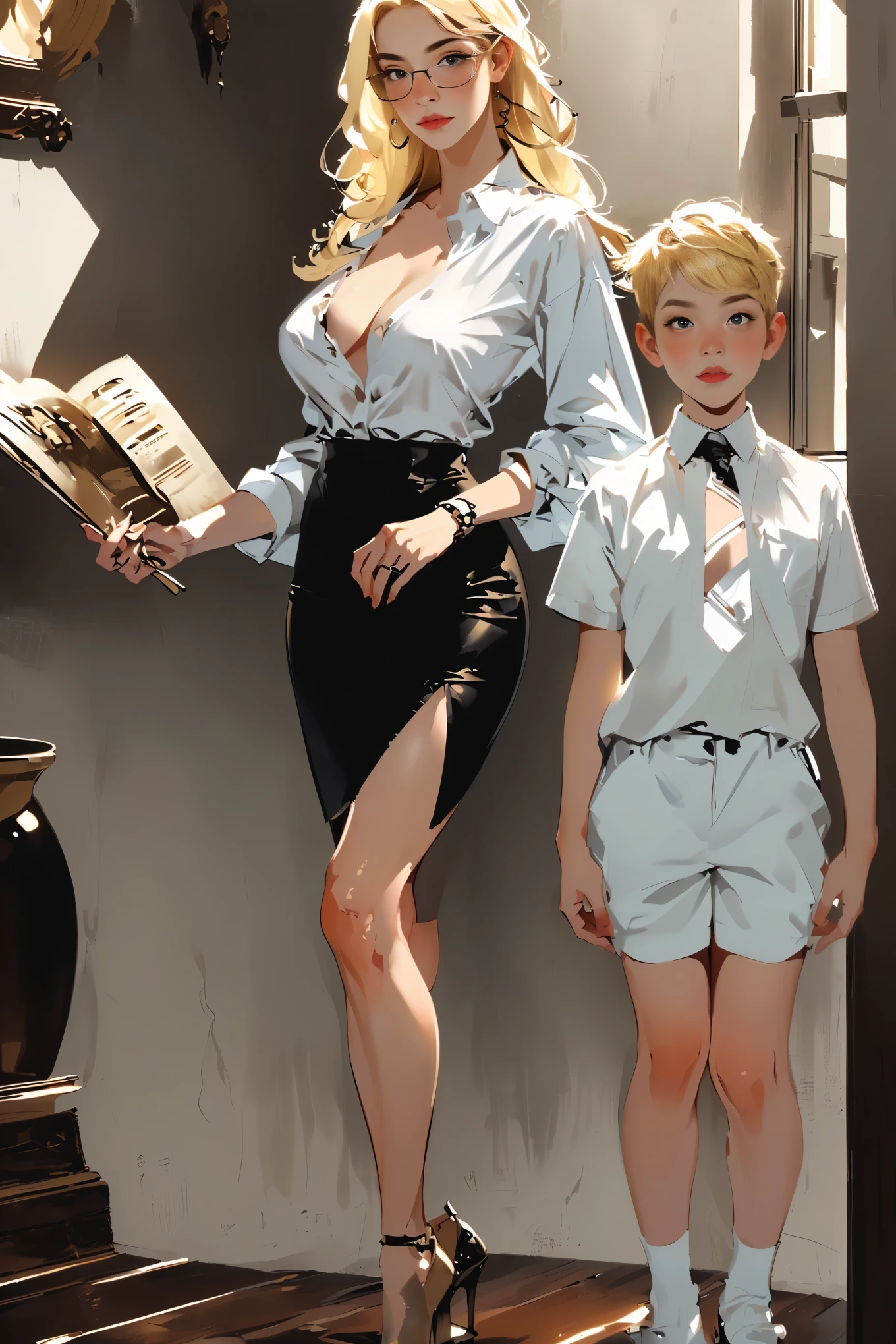 blond woman in a black skirt and white shirt with a boy in a white shirt, a hyperrealistic , hyperrealistic , wearing headmistress uniform, realistic , artwork in the style of guweiz, guweiz masterpiece, young blonde boy fantasy thief, madonna genderbend elegant, range murata and artgerm, jin shan and ross tran