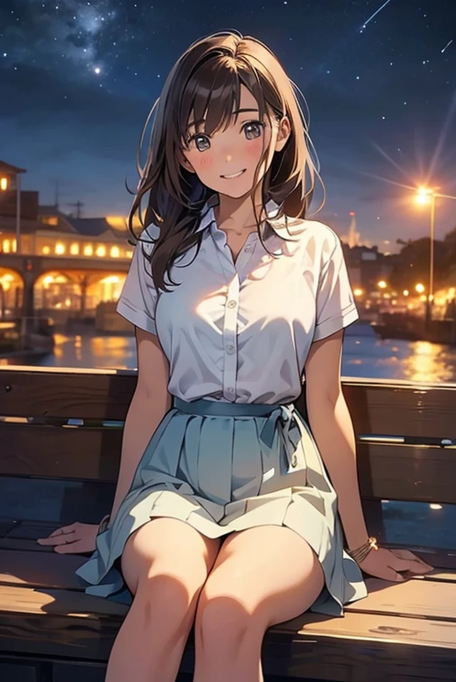 Brown Hair, Photorealistic images, (26 years old), (8k, highest quality, masterpiece: 1.2), (Realistic, photoRealistic: 1.37), Very detailed, Girl Single, cute, alone, Midnight, Beautifully detailed skies, Detailed Cafe, Sitting, date, (blush), (smile: 1.15), (Mouth closed), Beautiful Eyes, there is a clear picture of the persons underwear when it is flipped, 1girl, solo