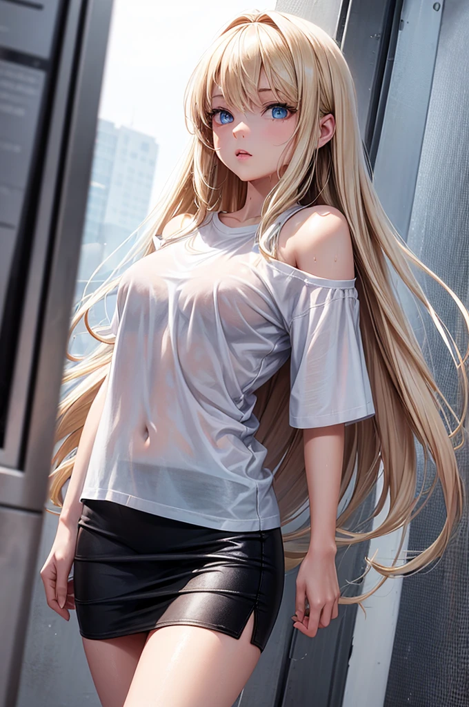 Create a photo-realistic young blond woman (length to shoulder), Blue eyes and big . She is wearing a white T-shirt, Crew Neck, Long short sleeves, none, She also wore a monochrome black cotton mini skirt.underwear, Wet. The T-shirt clings to her body,A bit transparent. whole body, Wide-angle shooting.