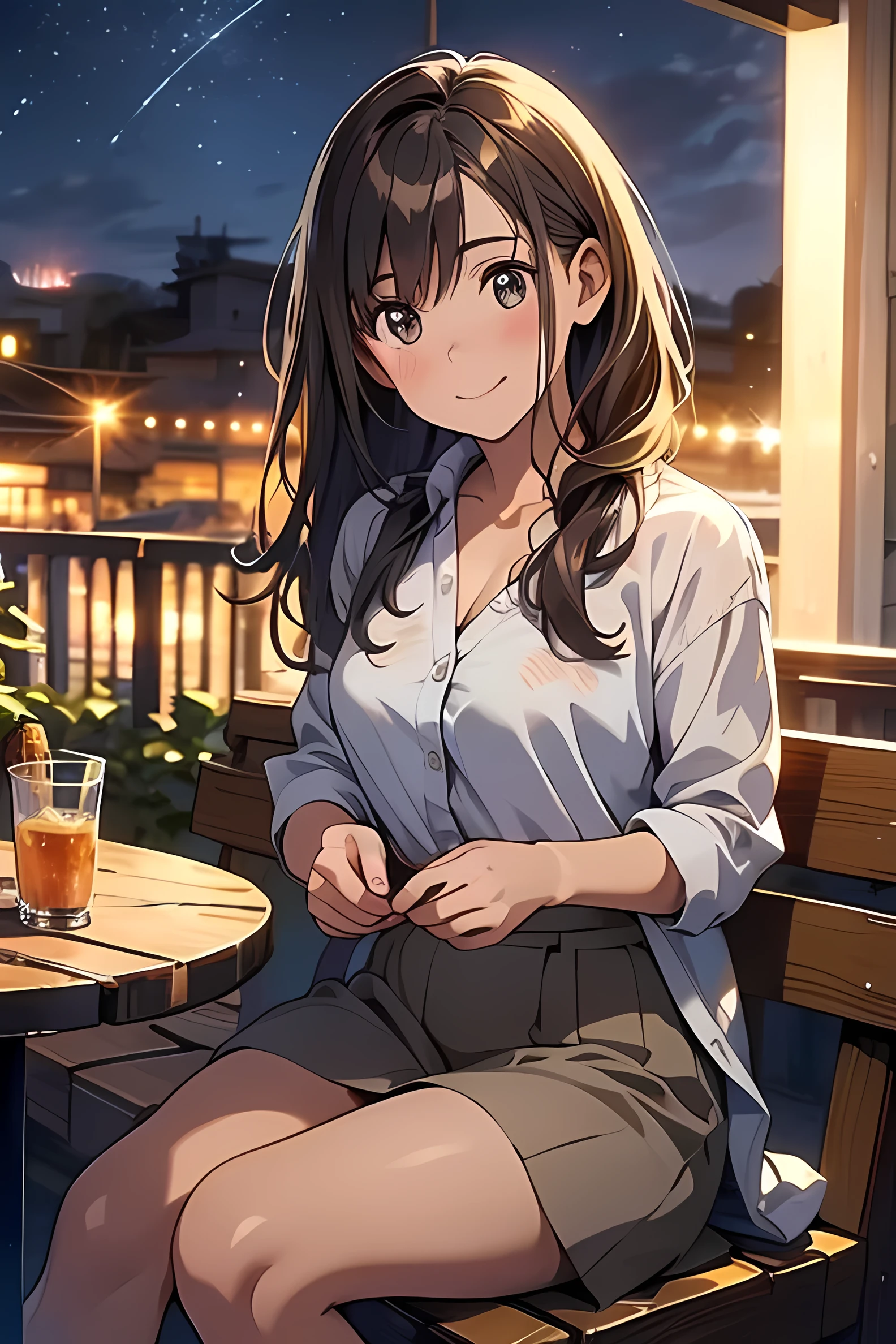 Brown Hair, Photorealistic images, (26 years old), (8k, highest quality, masterpiece: 1.2), (Realistic, photoRealistic: 1.37), Very detailed, Girl Single, cute, alone, Midnight, Beautifully detailed skies, Detailed Cafe, Sitting, date, (blush), (smile: 1.15), (Mouth closed), Beautiful Eyes, there is a clear picture of the persons underwear when it is flipped, 1girl, solo