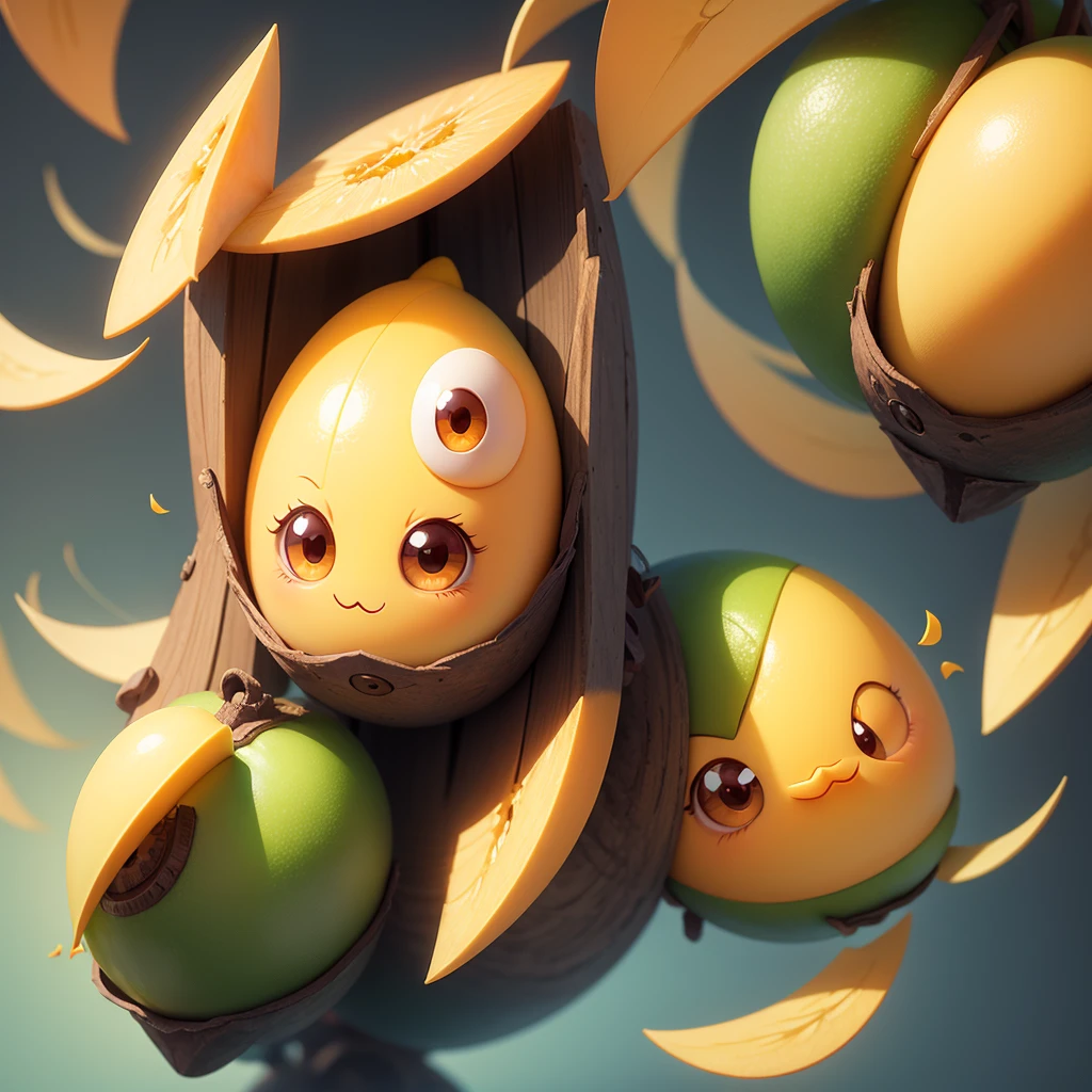 Generate an illustration of a mango with eyes and a mouth, Became a cute character.