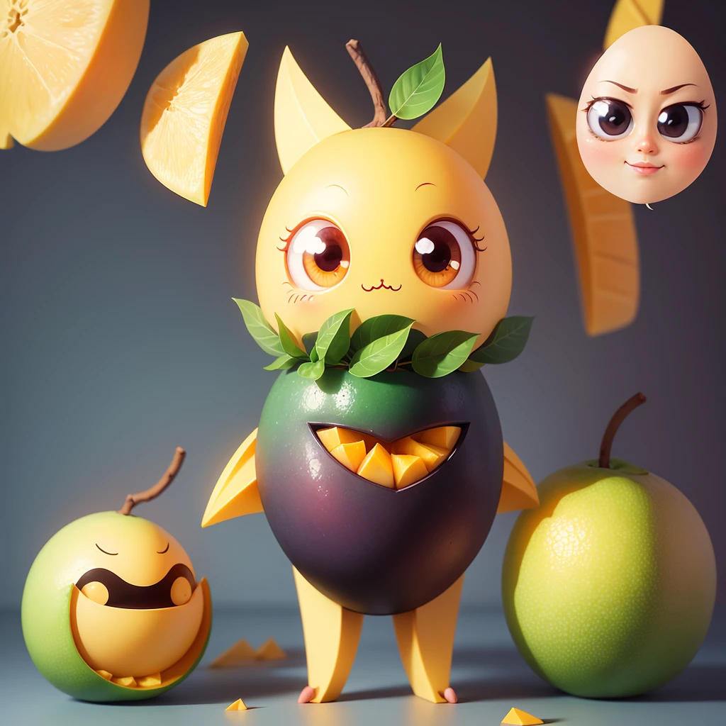 Generate an illustration of a mango with eyes and a mouth, Became a cute character.