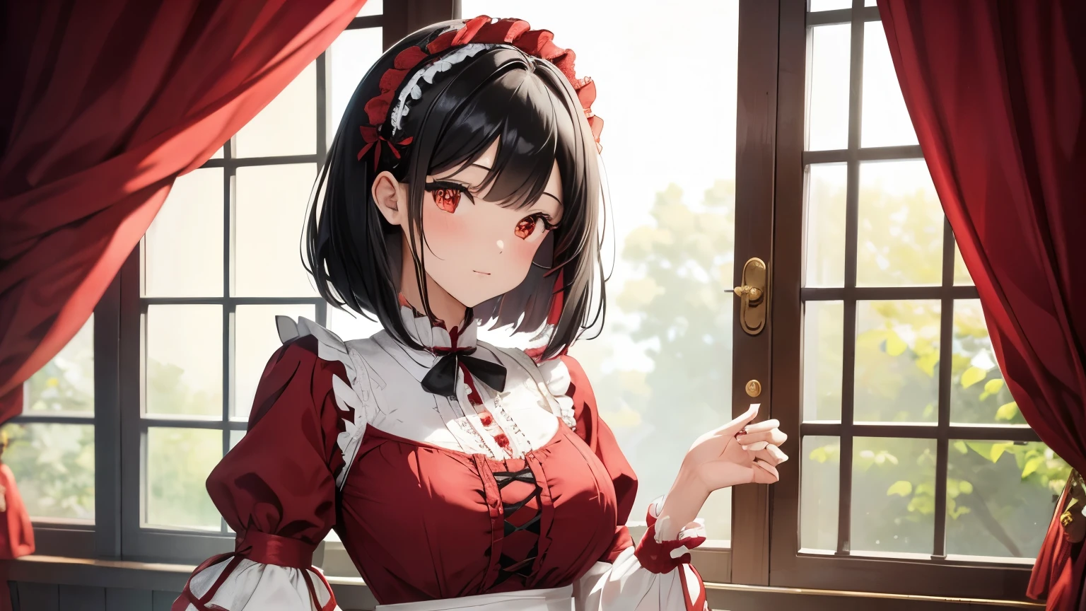 A beautiful woman wearing a red and white sweet lolita dress with lots of frills and lace Long sleeve Black hair bob hair accessory Upper Body Big Breasts