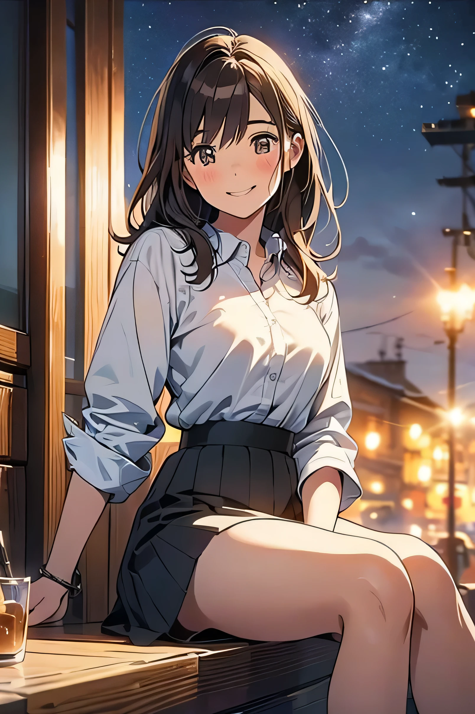 Brown Hair, Photorealistic images, (26 years old), (8k, highest quality, masterpiece: 1.2), (Realistic, photoRealistic: 1.37), Very detailed, Girl Single, cute, alone, Midnight, Beautifully detailed skies, Detailed Cafe, Sitting, date, (blush), (smile: 1.15), (Mouth closed), Beautiful Eyes, there is a clear picture of the persons underwear when it is flipped, 1girl, solo