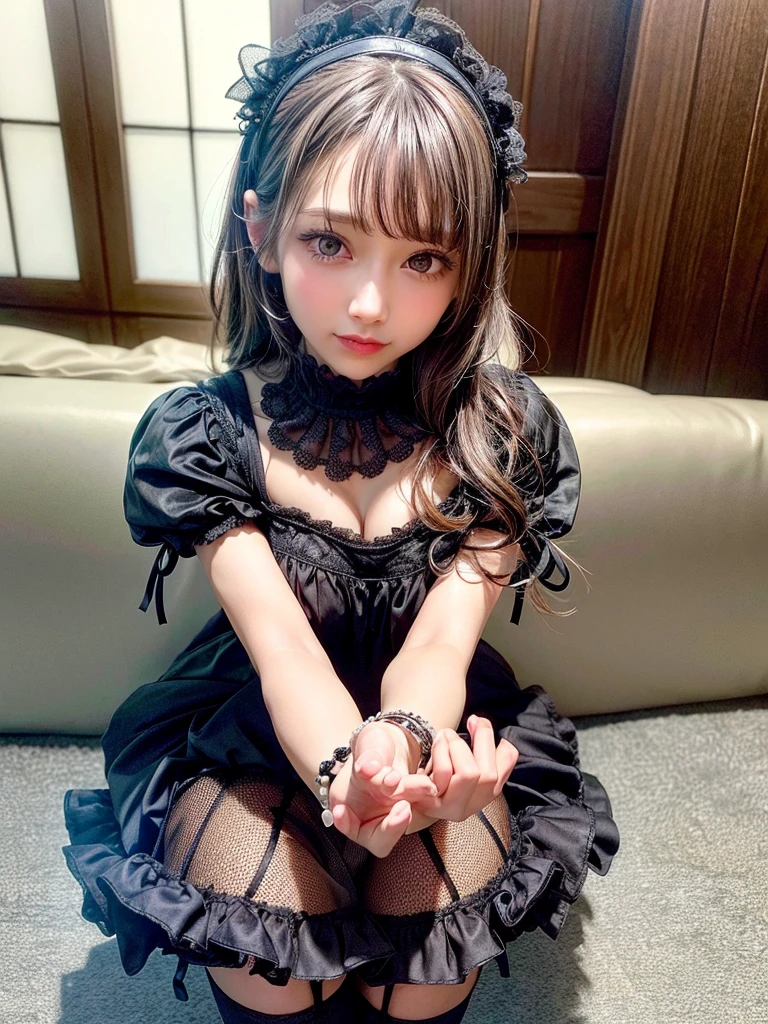 (8K, Photorealistic, Raw photo, of the highest quality: 1.3), (1girl in), Super beautiful, (Realistic face), (boyish, Silver Color Berry Shorthair), Beautiful , Glare that captivates the viewer, Beautiful expression, Beautiful breasts, (Realistic skin), Be...Super high quality, super high definition, super detailed, masterpiece, 20years old, female, cute, perfect face, beautiful, nice body, gothic lolita clothes, gothic lolita fashion, frilly skirt, headdress, necklace, bracelet, knee-high socks, boots, double eyelids, tear bags, Detailed down to the fingers, photo-like description, indoors, dim indoor lighting, black hair, short bob, standing, whole body, composition that shows the whole body, smiling