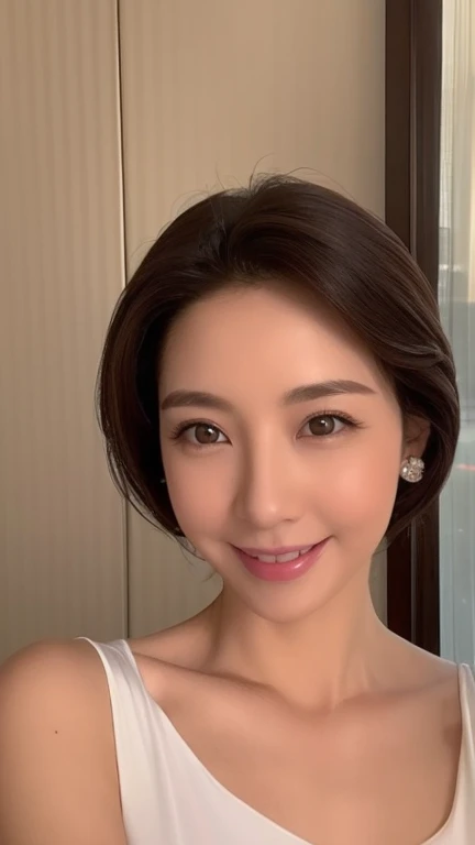 One girl, In a hotel room, smile,Translucent white skin, Close-up , Adult mature woman、A gentle smile、A gaze that seduces viewerature Woman、50 years old、