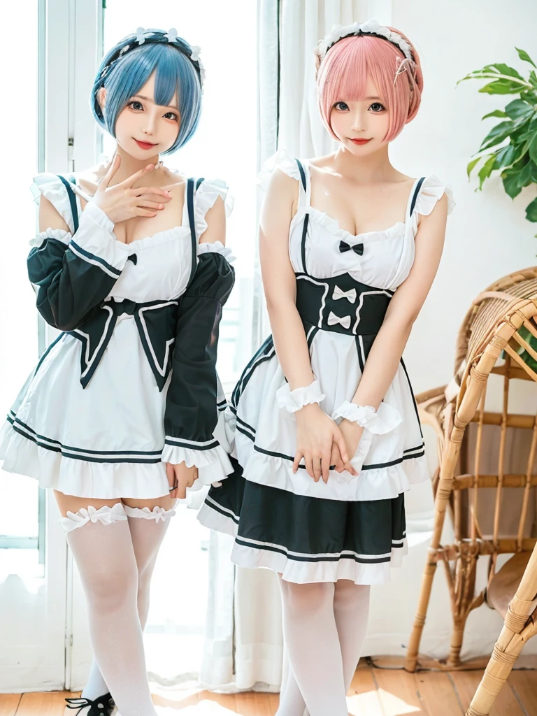 Accurate depiction with high resolution,(8K, Photorealistic, Raw photo, of the highest quality: 1.3), (1girl in), Super beautiful, (Realistic face), (boyish, pink Color Berry Shorthair), Beautiful , Glare that captivates the viewer, Beautiful expression, Beautiful breasts, (Realistic skin), Be...Create a detailed and colorful image of Ram and Rem from Re:Zero, standing back-to-back in their maid outfits, with a magical fantasy background、14years old, two girls,cute, perfect face, beautiful, nice body, gothic lolita clothes, gothic lolita fashion, frilly skirt, headdress, necklace, bracelet, knee-high socks, boots, double eyelids, tear bags, Detailed down to the fingers, photo-like description, indoors, dim indoor lighting, one girl is pink hair and short bob, another girl is light blue hair and short bob,standing,whole body, composition that shows the whole body, smiling,The Both of them are wearing the same type of maid outfit,Even the fingers are clearly depicted