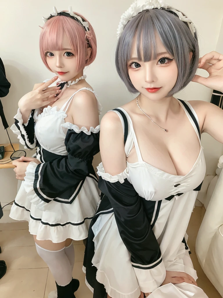 Accurate depiction with high resolution,(8K, Photorealistic, Raw photo, of the highest quality: 1.3), (1girl in), Super beautiful, (Realistic face), (boyish, pink Color Berry Shorthair), Beautiful , Glare that captivates the viewer, Beautiful expression, Beautiful breasts, (Realistic skin), Be...Create a detailed and colorful image of Ram and Rem from Re:Zero, standing back-to-back in their maid outfits, with a magical fantasy background、14years old, two girls,cute, perfect face, beautiful, nice body, gothic ta clothes, gothic loliashion, frilly skirt, headdress, necklace, bracelet, knee-high socks, boots, double eyelids, tear bags, Detailed down to the fingers, photo-like description, indoors, dim indoor lighting, one girl is pink hair and short bob, another girl is light blue hair and short bob,standing,whole body, composition that shows the whole body, smiling,The Both of them are wearing the same type of maid outfit,Even the fingers are clearly depicted