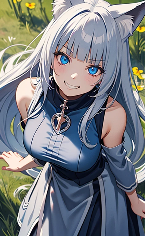 (masterpiece:1.4、top-quality、illustration)、(character focus、,cowboy shot:1.3)、(from above:1.4),(1girl),(evil grin:1.3),(Beautiful eyes:1.4),cute face,blue eyes、(tareme:1.3)、(fox ears,fox tails),
),(stand:1.4),、(leaning forward:1.4),(),
(blue grey hair),(long hair:1.5)、
,(meadow:1.3),（sleeveless turtleneck dress:1.5),
(blunt bangs),(sidelocks:1.3), (large breasts)、
、slender、