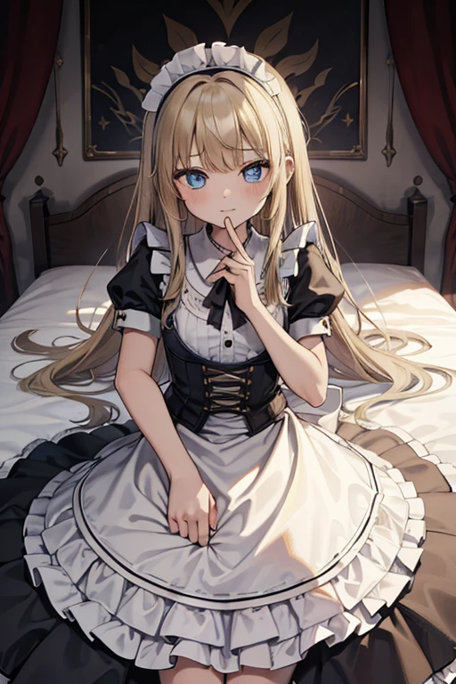 (8k, highest quality, Tabletop:1.2)、Ultra-high resolution, One ****************, Perfect Fingers, Detailed face, blue eyes, Blonde, Straight Hair, Long Hair, Black maid outfit,  Inside the castle, Bedroom、Making the bed