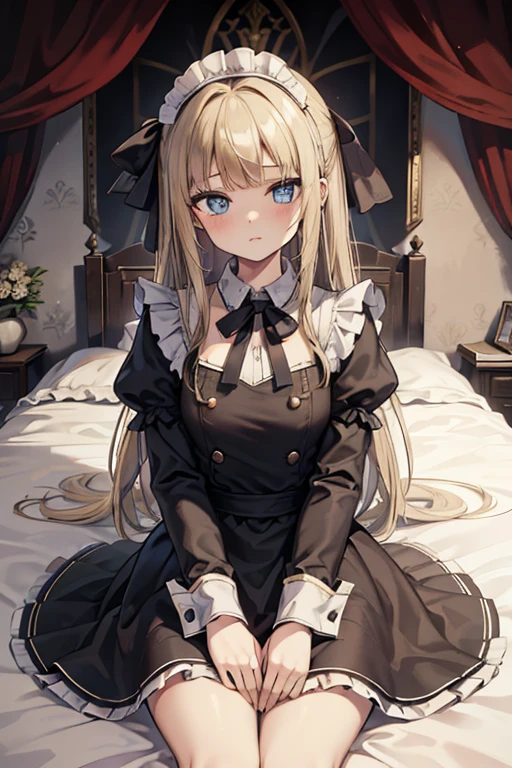 (8k, highest quality, Tabletop:1.2)、Ultra-high resolution, One -yeld gi Perfect Fingers, Detailed face, blue eyes, Blonde, Straight Hair, Long Hair, Black maid outfit,  Inside the castle, Bedroom、Making the bed