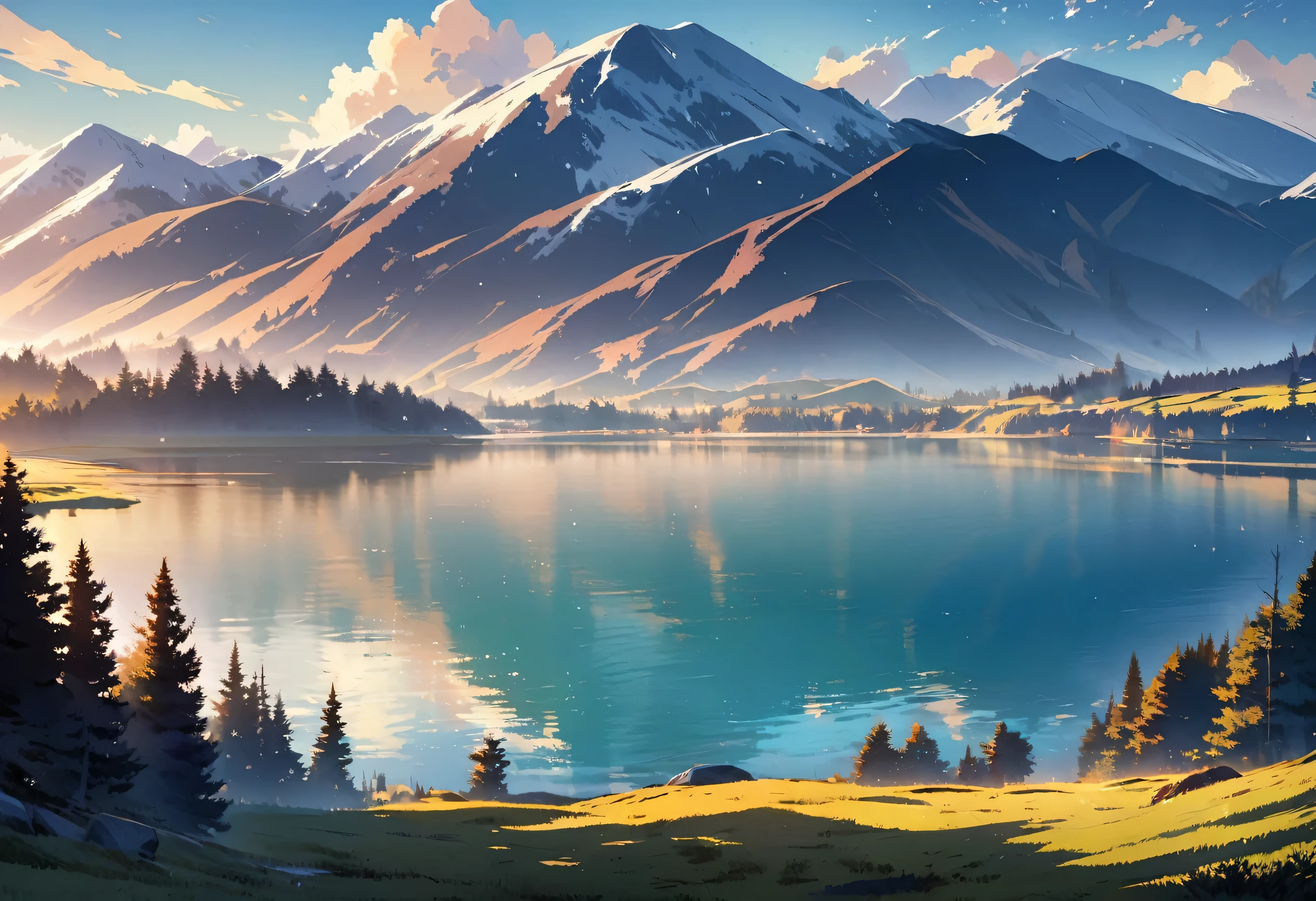 illustration of a lake view in the morning with mountains in the background