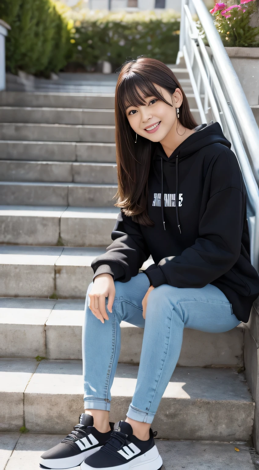 highest quality, Realistic, Very detailed, Finer details, High resolution, 8k wallpaper, One beautiful woman,Sit on the stairs、（Wear black socks）smile、（Beautiful teeth alignment、）（Gums are visible） Oversized hoodie, Skinny jeans,（ Black sneakers）、Black Hair、 Beautiful Bangs、ear piercing、Perfect dynamic composition, Beautiful and detailed, Full Body Shot, A big smile brown hair