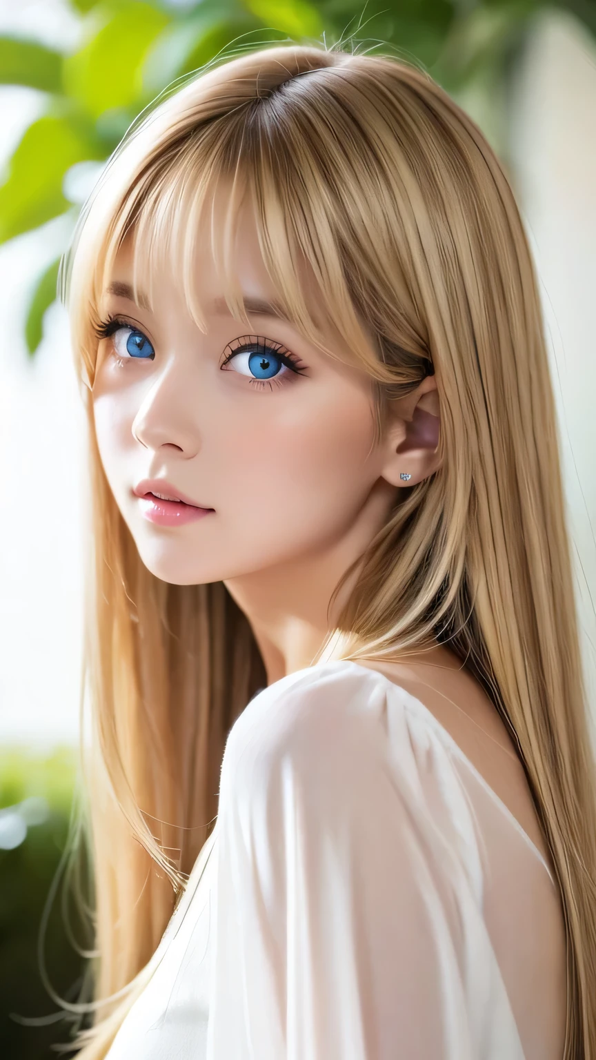 Transparent, radiant skin、18 years old cute sexy little beautiful face、Super long straight hair that shines in the light、Hair dancing in front of a cute beautiful face、Long, silky bangs that cover her cute eyes、Sexy face hiding blonde、Very long blonde hair、Sexy cute young woman、Super long natural young blonde with shiny highlights、Hair above the eyes、片Hair above the eyes、Hair between the eyes、Very beautiful, large light blue eyes、Very big eyes、Small Face Girl