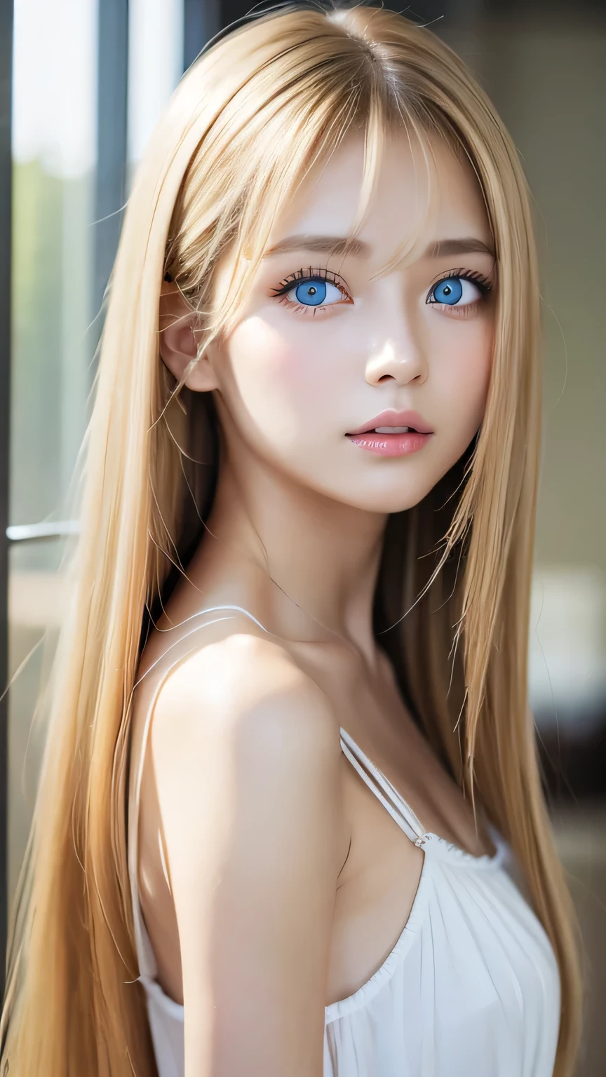 Transparent, radiant skin、18 years old cute sexy little beautiful face、Super long straight hair that shines in the light、Hair dancing in front of a cute beautiful face、Long, silky bangs that cover her cute eyes、Sexy face hiding blonde、Very long blonde hair、Sexy cute young woman、Super long natural young blonde with shiny highlights、Hair above the eyes、片Hair above the eyes、Hair between the eyes、Very beautiful, large light blue eyes、Very big eyes、Small Face Girl