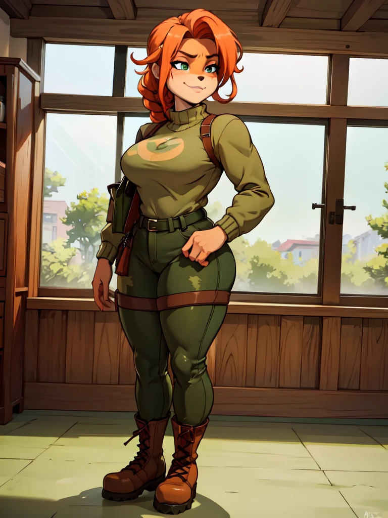 (best quality,4k,8k,highres,masterpiece:1.2),ultra-detailed,realistic:1.37,portrait,3 anthro bandicoot girls lesbian redhead, braided hair, beautiful green eyes, sexy ,seductive, warm sweater, camouflage pants, army boots, smirking, cozy lighting, vibrant colors ,three girls lesbian anthro , sweater, camouflage pants, army boots, put on boots
