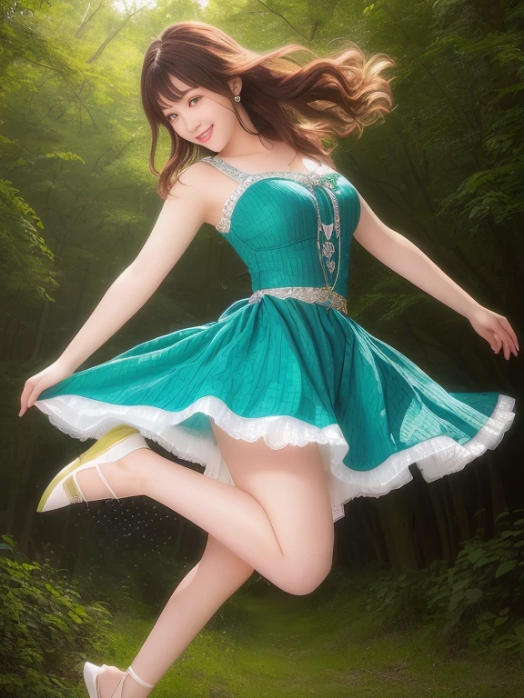 Photo-realistic quality、Image of a woman in a dress jumping into the air on a forest path, 20Cute playful pose of an old dancer, Casual pose, Slim girl model photo, Cute Japanese Woman、She is dancing.looking at the camera、Detailed and beautiful eyes、20Age idol、Beautiful Model、Cute Smile