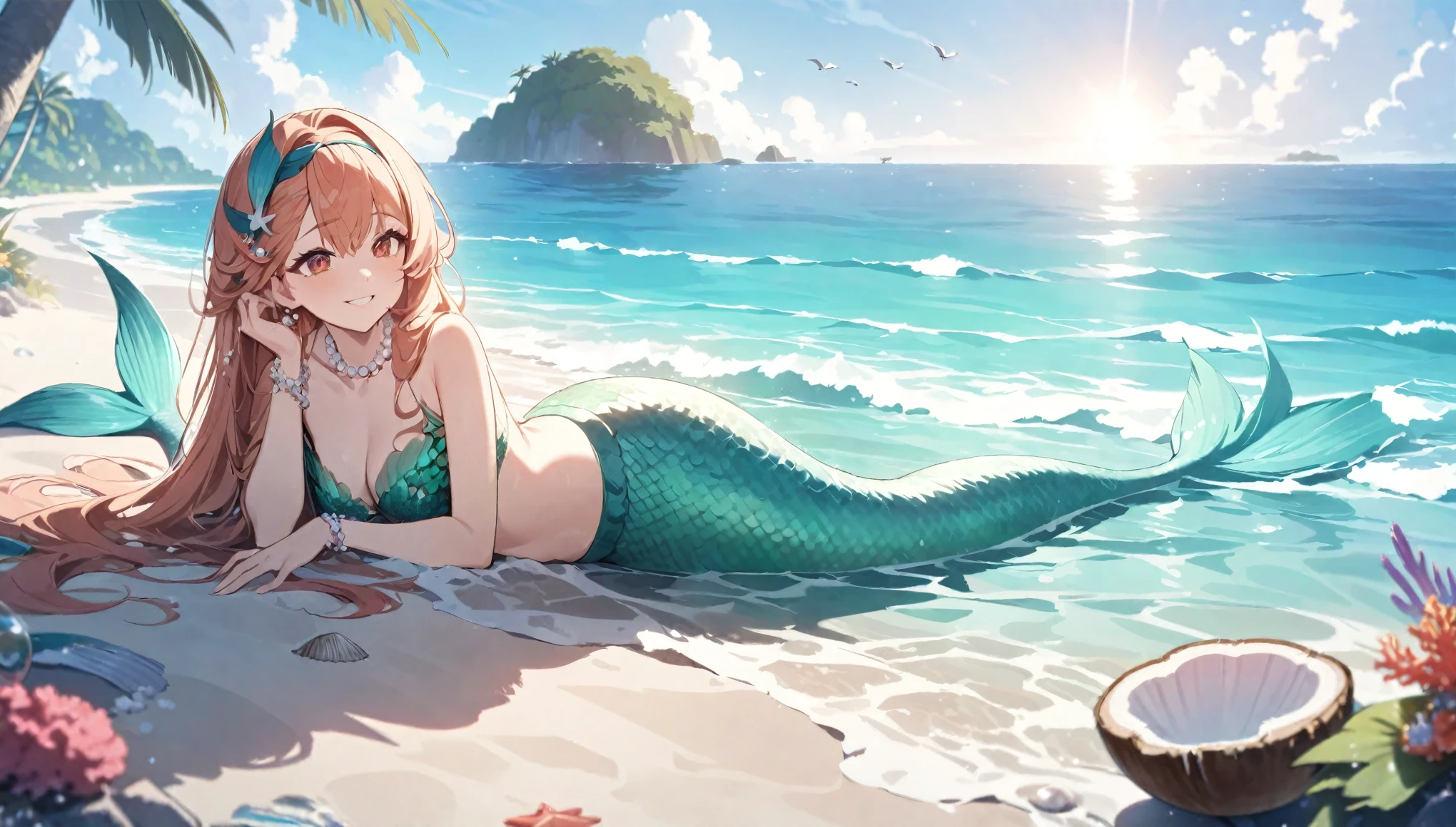 (best quality,4k,8k,highres,masterpiece:1.2),ultra-detailed,age girl gets magically transformed into a mermaid, fantasy transformation,red-eyed,beautiful detailed eyes,spiky long ginger hair,happiness,cute mermaid, long and detailed mermaid tail with shimmering green scales, seashell bra,pair of fish gills on her torso, red and black ribbon headband, starfish hair clips, pearl hair ornaments, pearl earrings and bracelets, pearl necklace, eye-catching accessories,beautifully detailed lips, lying on a sandy beach, new beautiful body,she’s smiling,embracing her new life has a mermaid, brushing her hair with an hairbrush, holding a small mirror, ocean waves,sparkling water,coconut trees,seagulls,coral reef,vibrant colors,magical glow,shimmering scales,sea breeze,warm sunlight,joyful expression,island paradise,lush tropical plants,dynamic composition,soft and smooth lines,expressive facial features,gentle water reflections,serene atmosphere, Highly detailed, masterpiece, high quality, 4K.