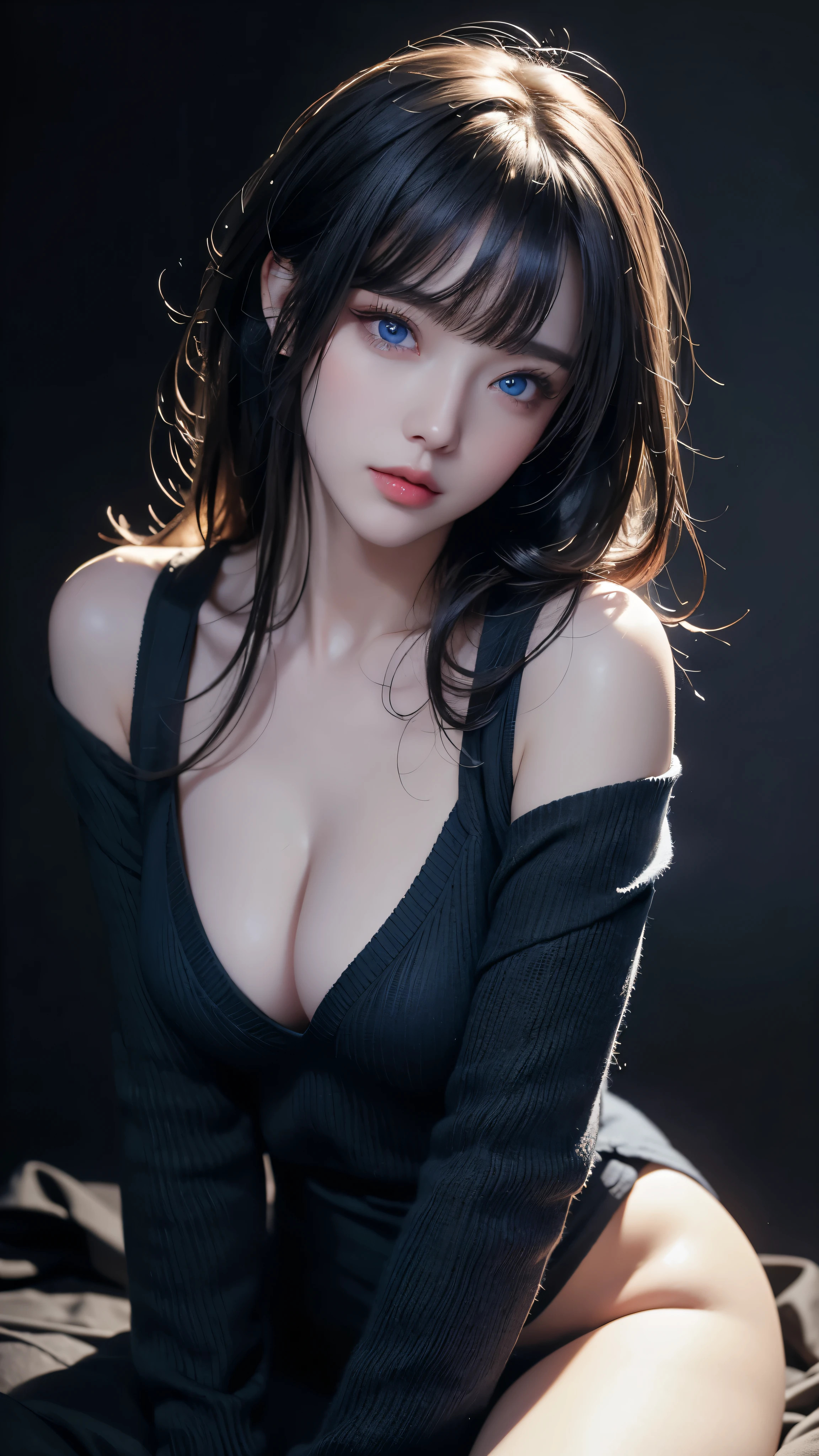 masterpiece, highest quality, Super detailed, Facing the camera, Super detailed, Realistic, Sharp features, Very detailed, Sharp focus, Perfect Face, Perfect Face, Perfect symmetrical perfect eyes, Perfect Plump Lips, Flexible female form, Cinematic, Film Light, Super detailed, hyper Realistic, masterpiece, Atmospheric, High resolution, Vibrant, Dynamic Studio Lighting, ((Dark Background)), The expression when enduring pleasure, Straight bangs, blue eyes,Black sweater, Cowboy Shot,The cleavage is visible