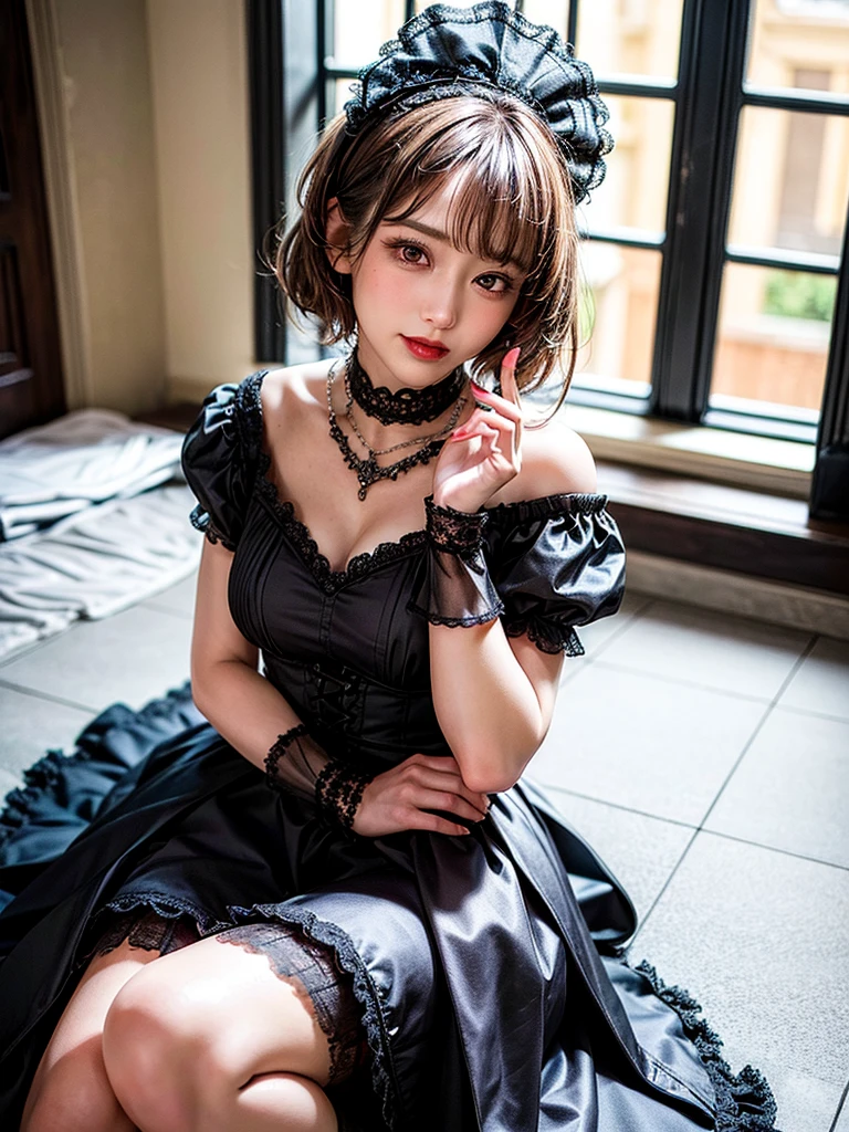 (8K, Photorealistic, Raw photo, of the highest quality: 1.3), (1girl in), Super beautiful, (Realistic face), (boyish, Silver Color Berry Shorthair), Beautiful , Glare that captivates the viewer, Beautiful expression, Beautiful breasts, (Realistic skin), Be...Super high quality, super high definition, super detailed, masterpiece, 20years old, female, cute, perfect face, beautiful, nice body, gothic lolita clothes, gothic lolita fashion, frilly skirt, headdress, necklace, bracelet, knee-high socks, boots, double eyelids, tear bags, Detailed down to the fingers, photo-like description, indoors, dim indoor lighting, black hair, short bob, standing, whole body, composition that shows the whole body, smiling